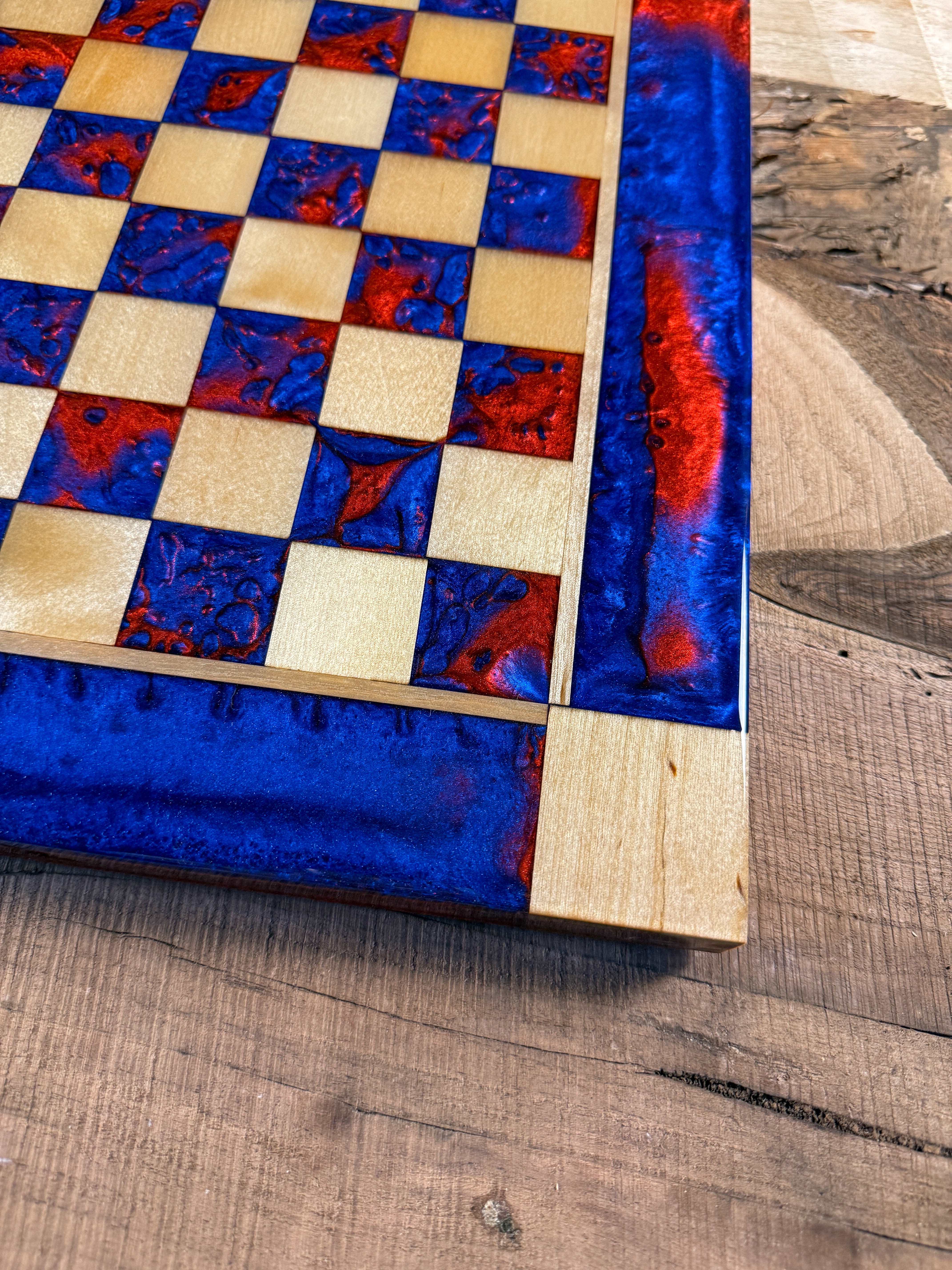 Deep Blue Red Lava Maple Wood Chess Board (Chess Set Included)