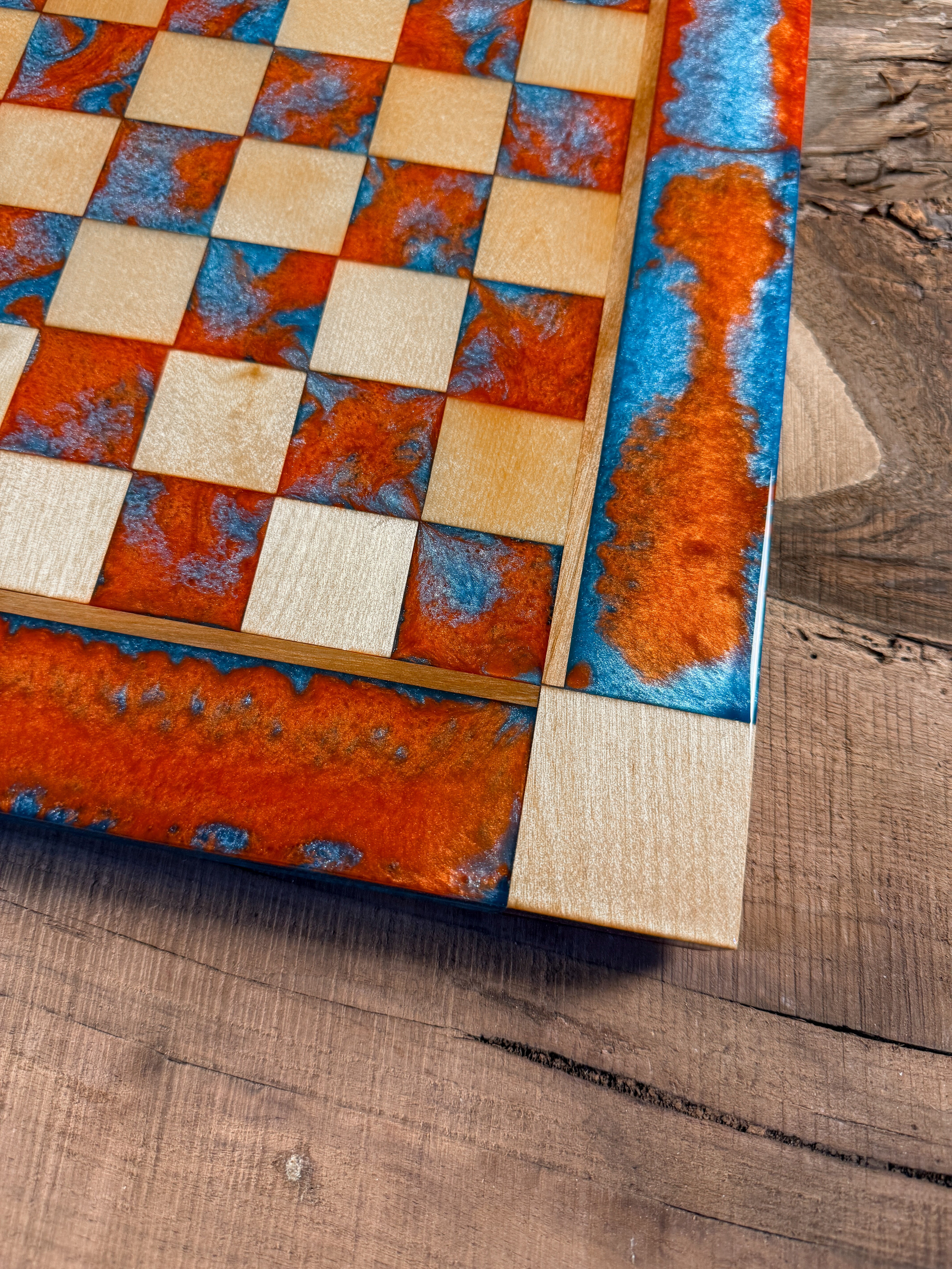 Vivid Orange Teal Maple Wood Chess Board (Chess Set Included)