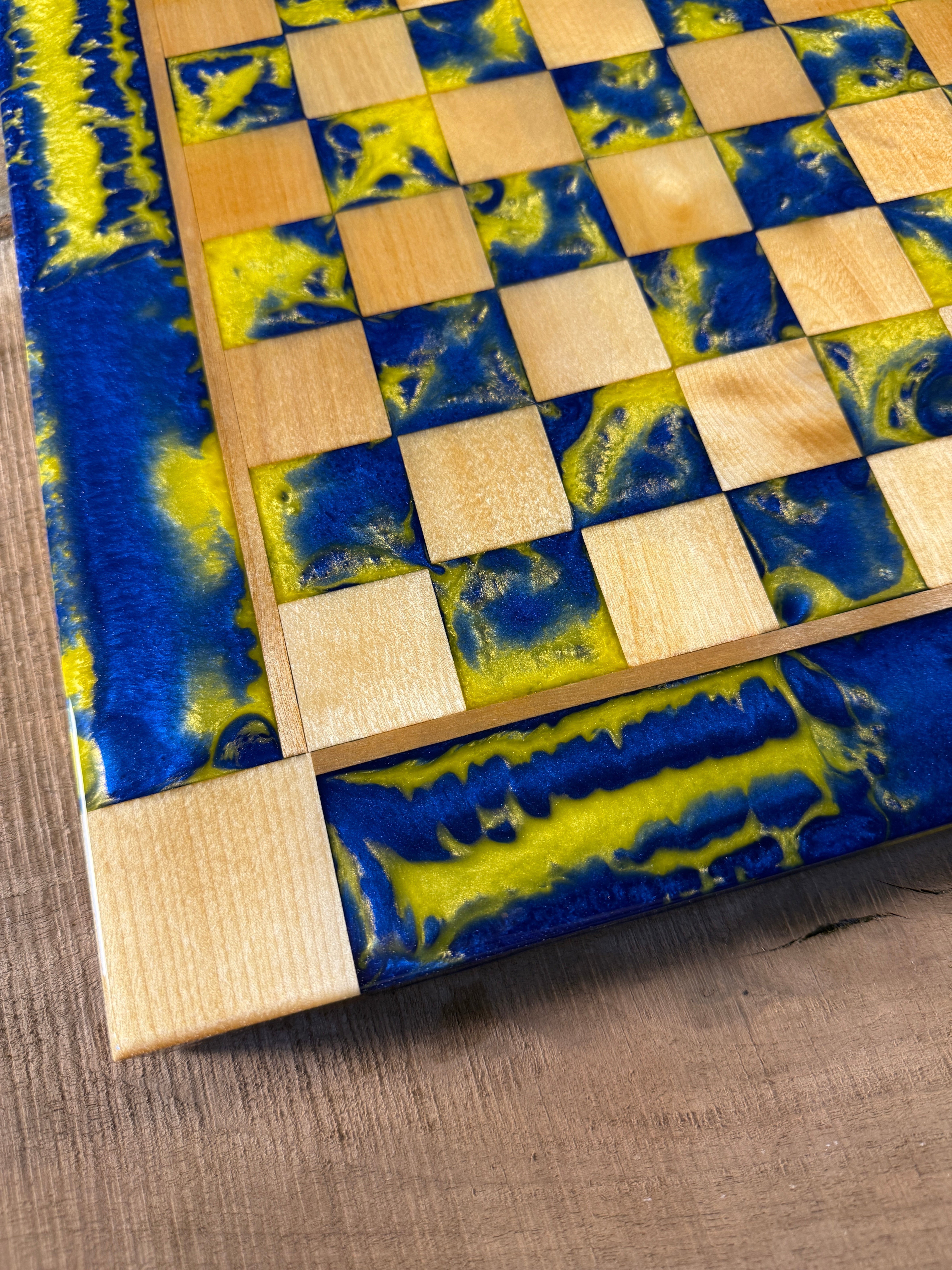 Vivid Yellow Deep Blue Maple Wood Chess Board (Chess Set Included)