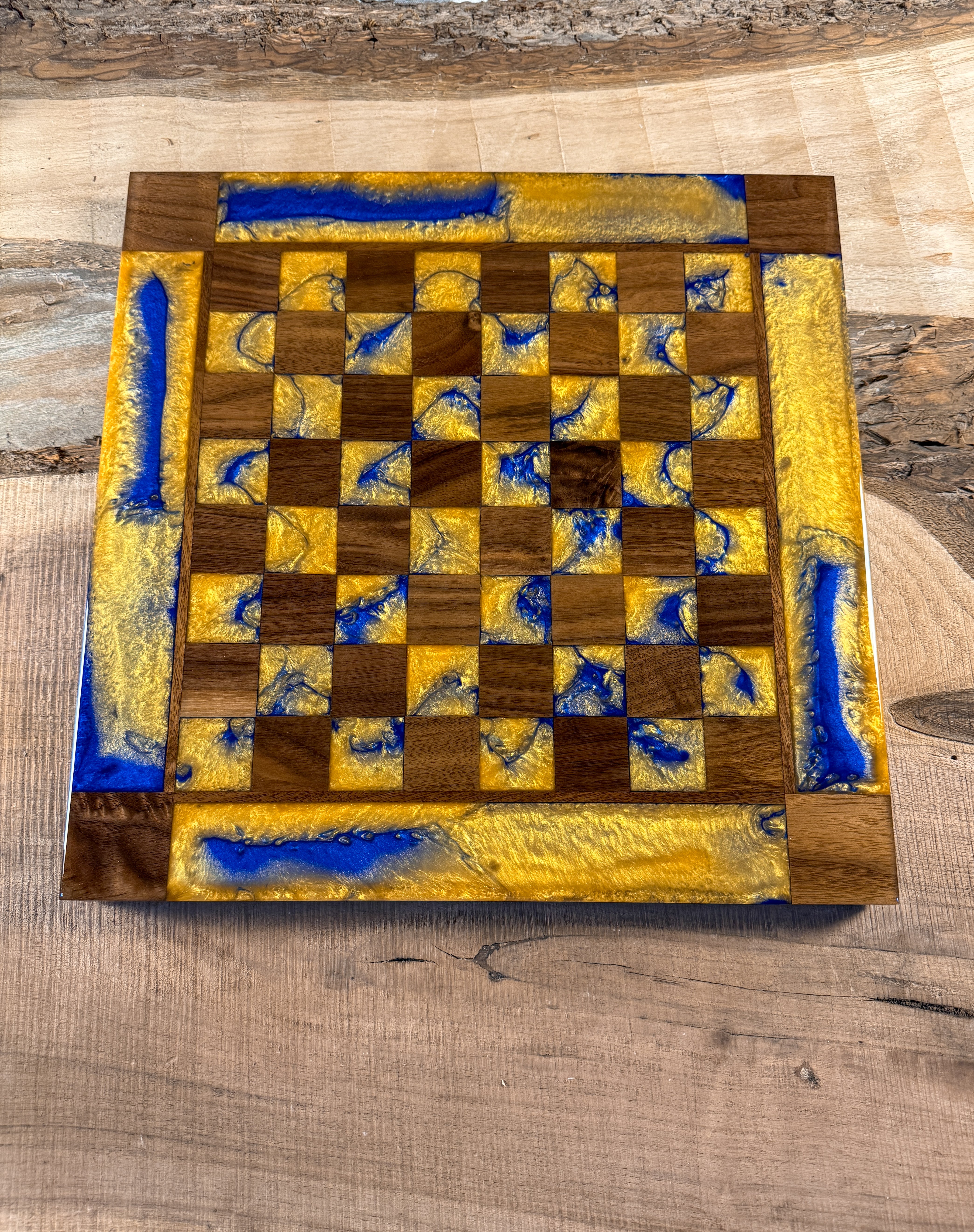 Golden Deep Blue Walnut Wood Chess Board (INCLUDES PIECES)