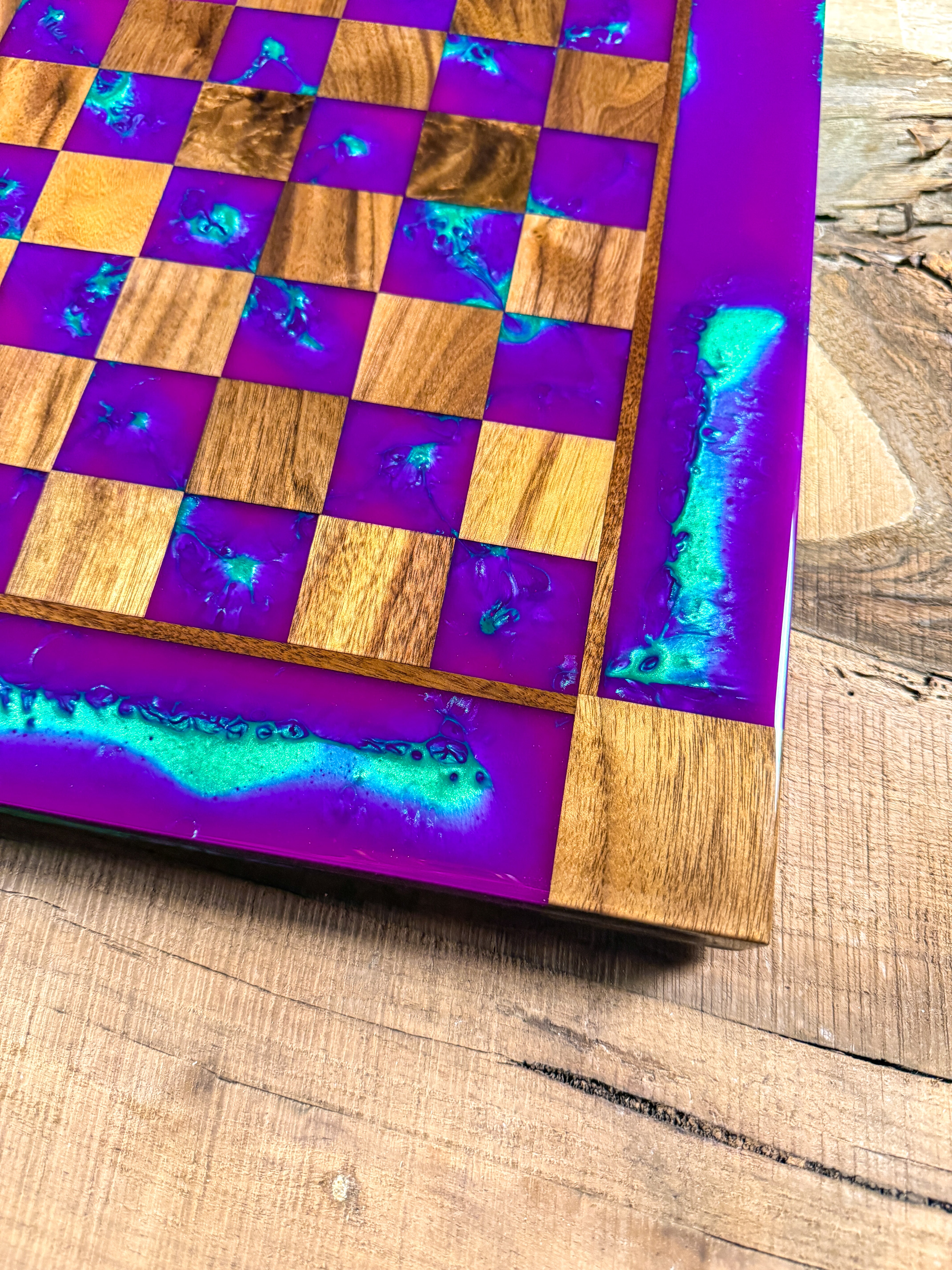 “The Joker” Florescent Purple/Jungle Green Walnut Wood Chess Board (INCLUDES PIECES)
