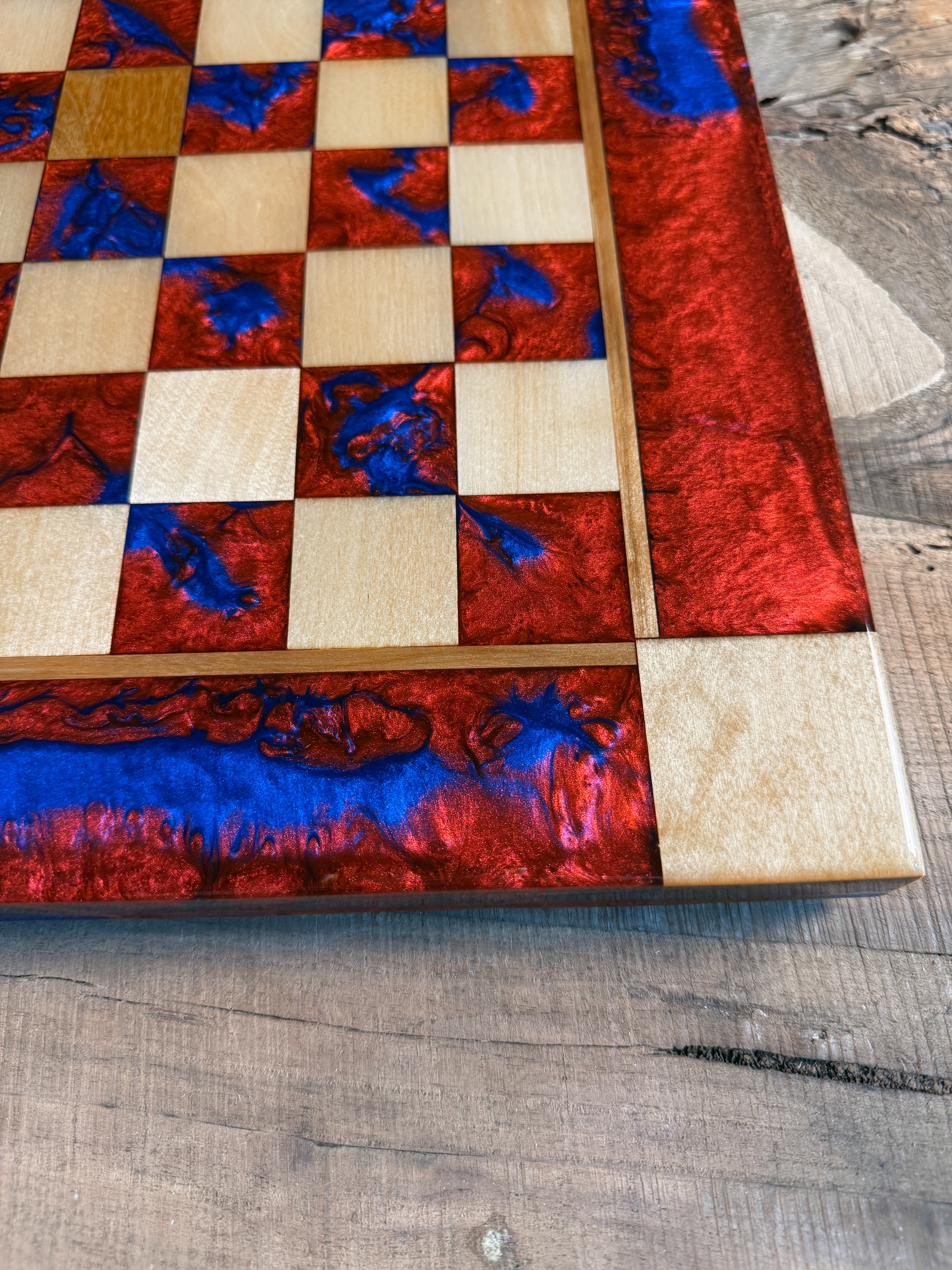 Deep Blue Red Lava Maple Wood Chess Board
