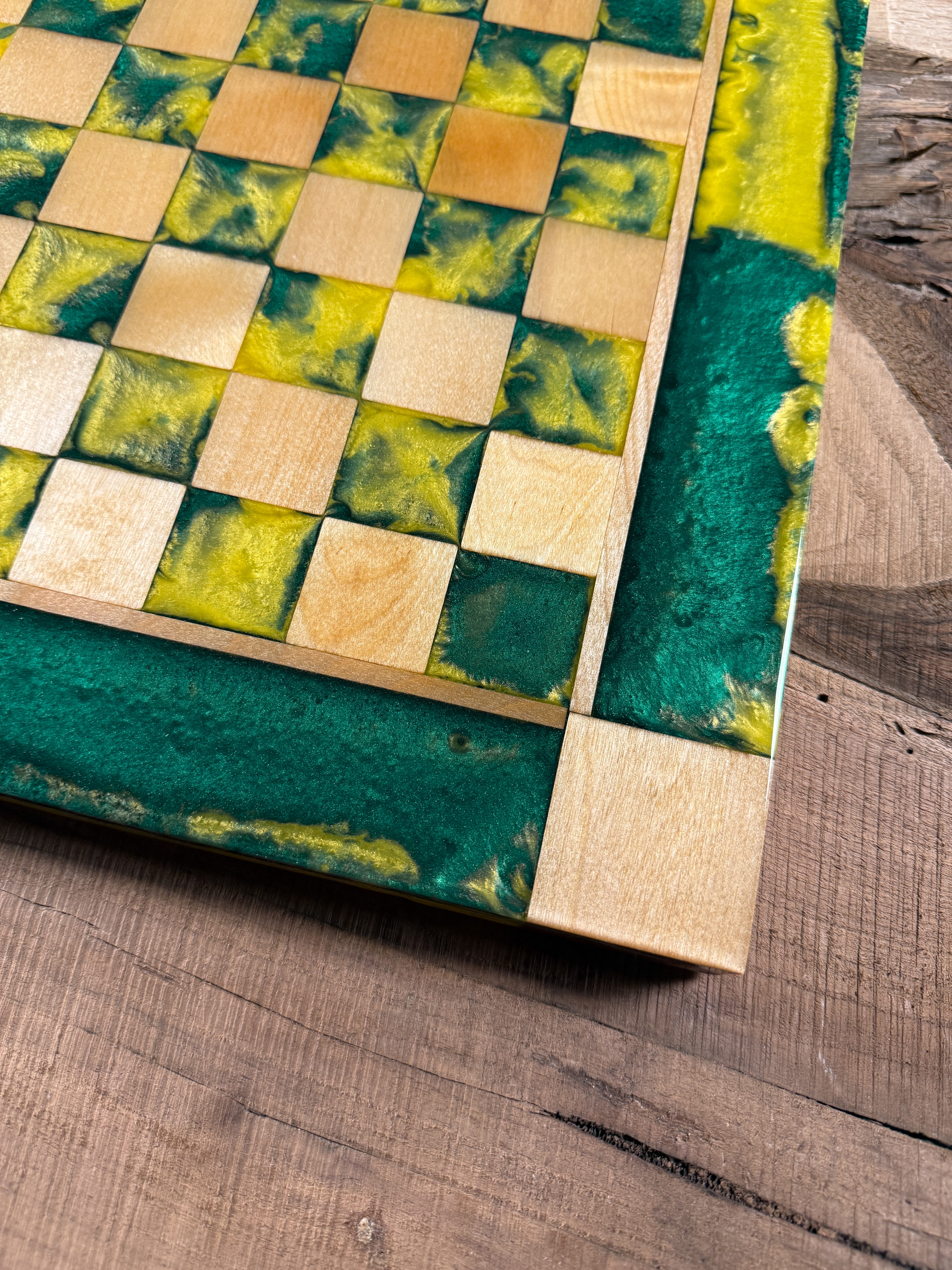 Vivid Golden Emerald Maple Wood Chess Board (Chess Set Included)