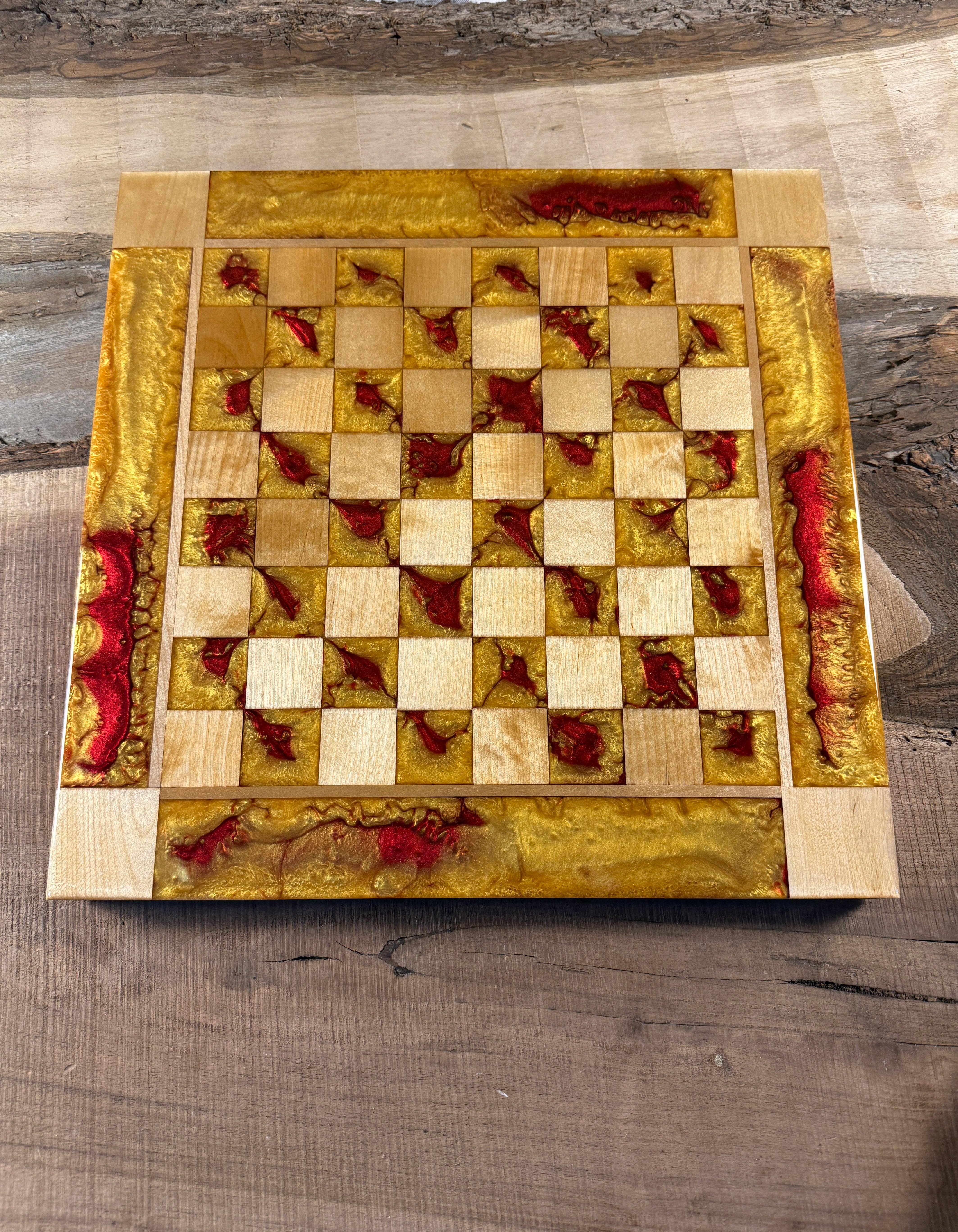 Red Lava Golden Maple Wood Chess Board (Chess Set Included)
