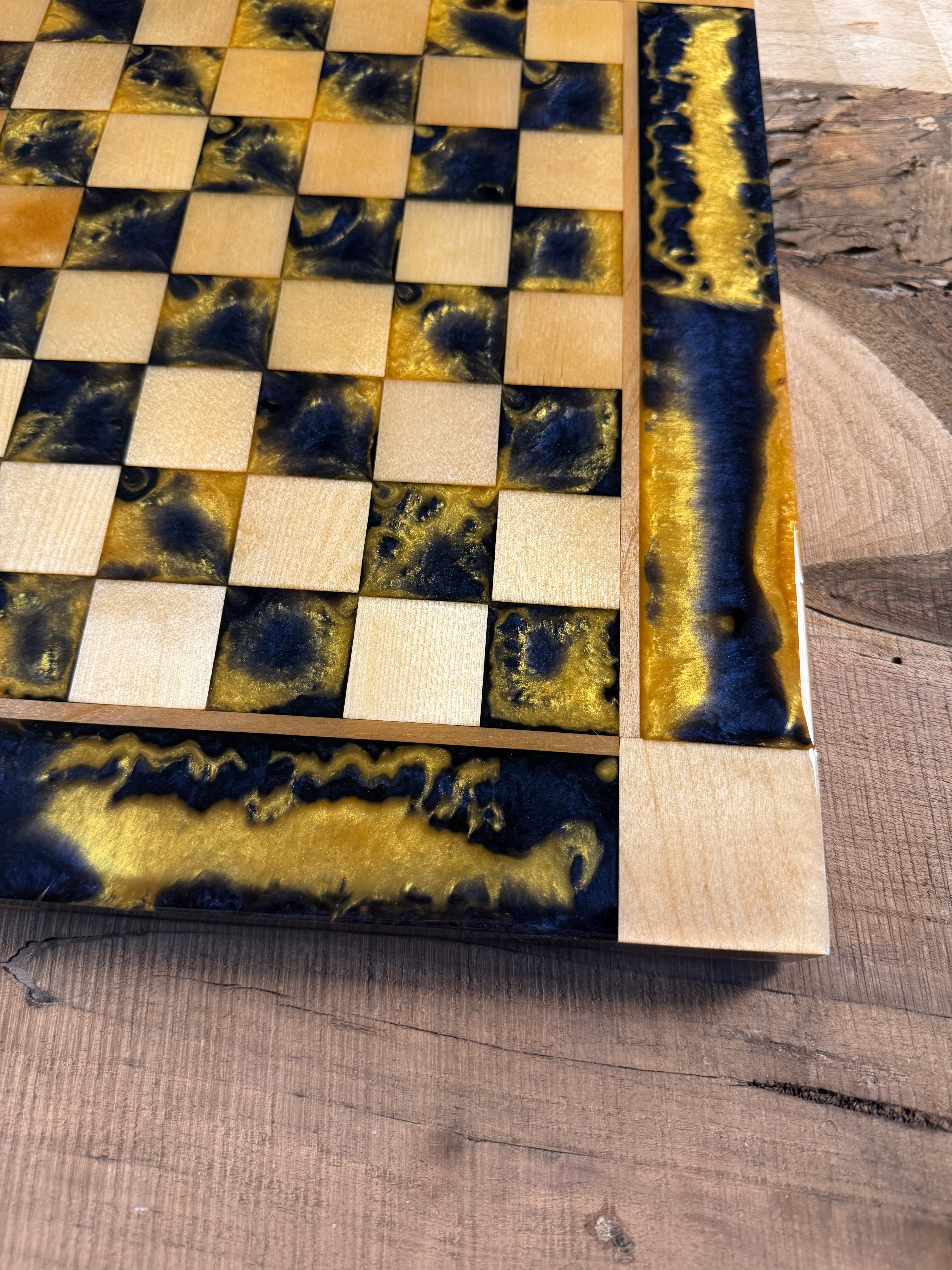 Navy Pure Gold Maple Wood Chess Board (Chess Set Included)
