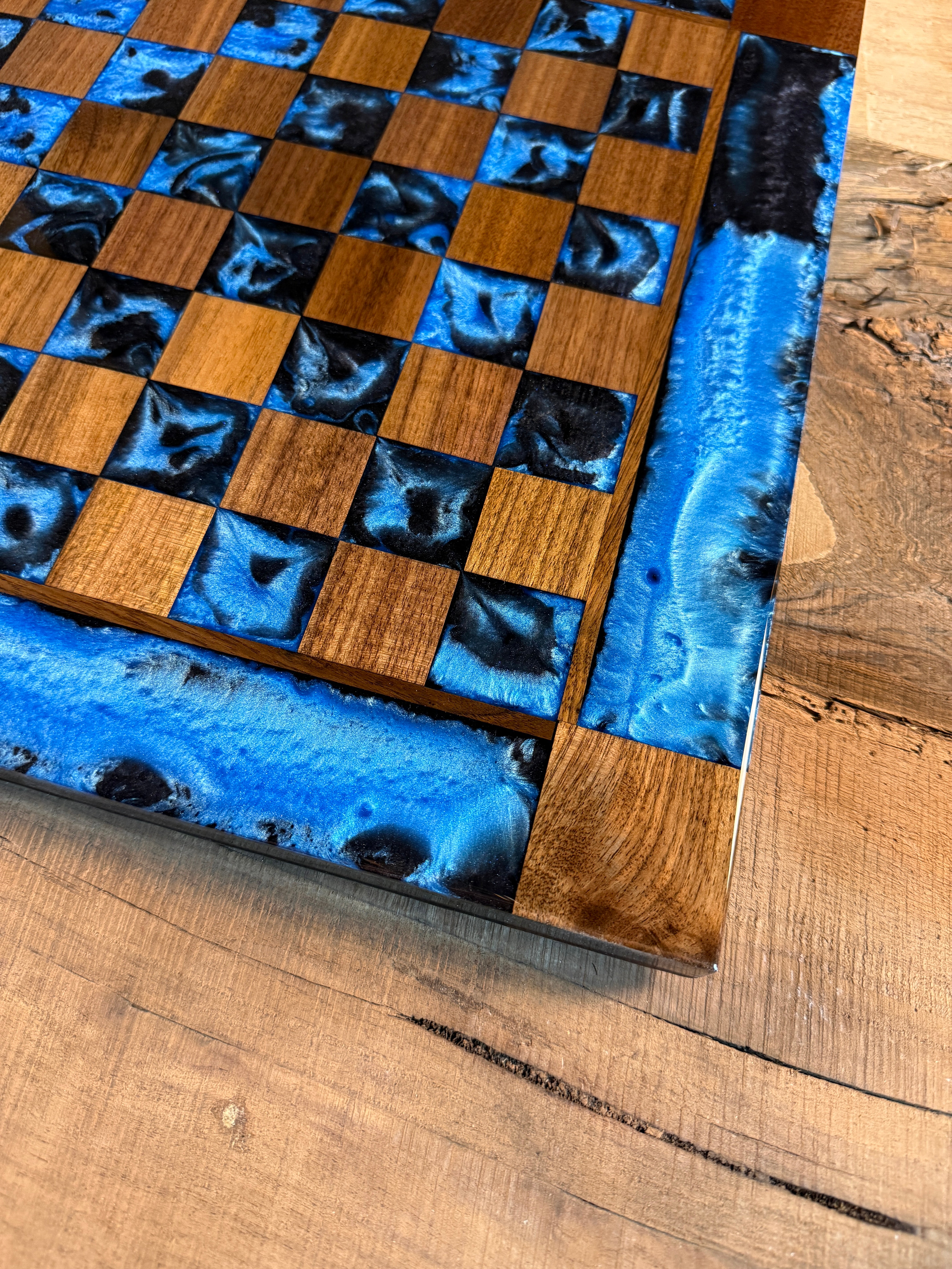 Caribbean Blue Black Onyx Walnut Chess Board (INCLUDES PIECES)