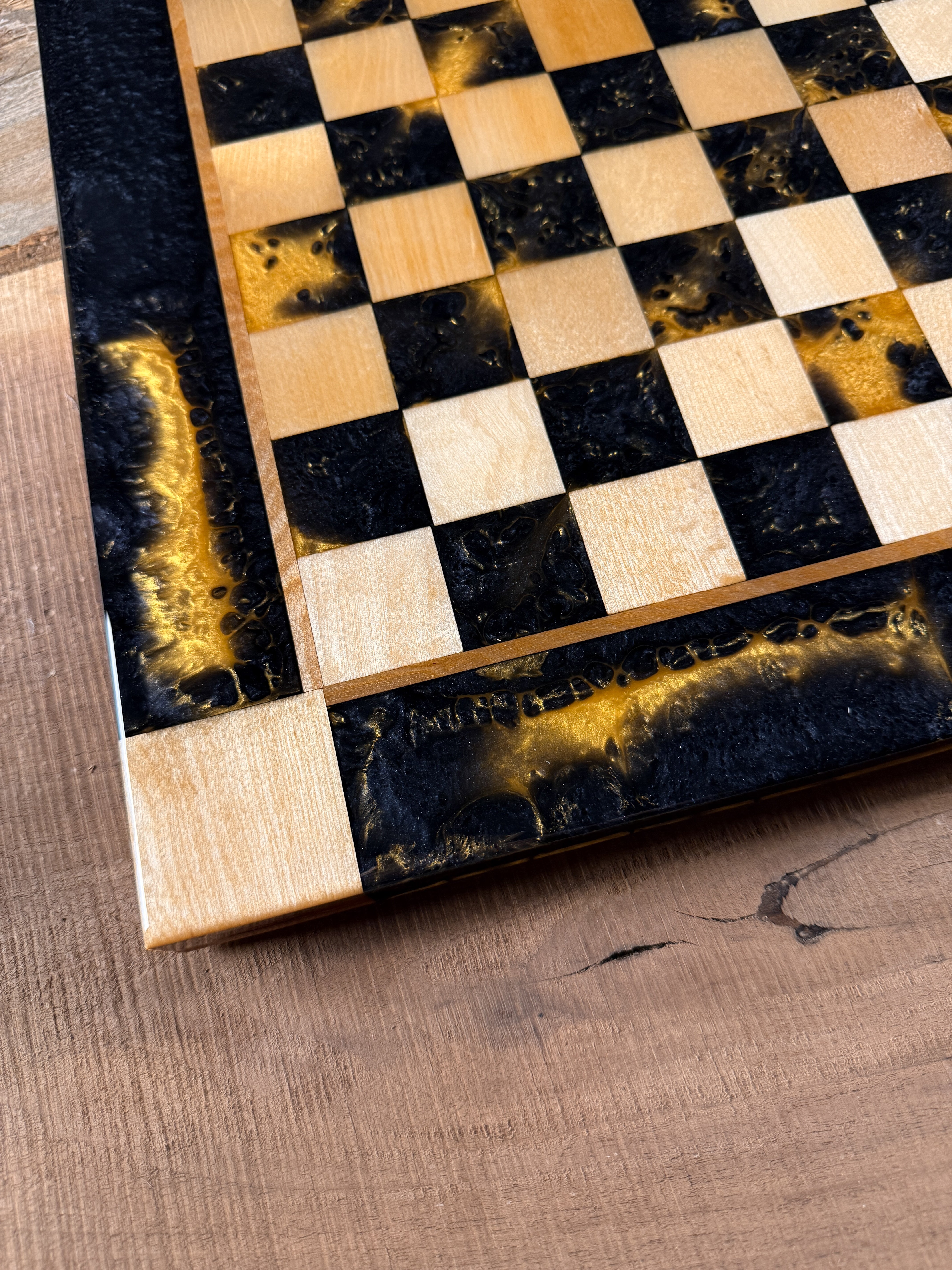 Golden Black Onyx Maple Wood Chess Board (Chess Set Included)