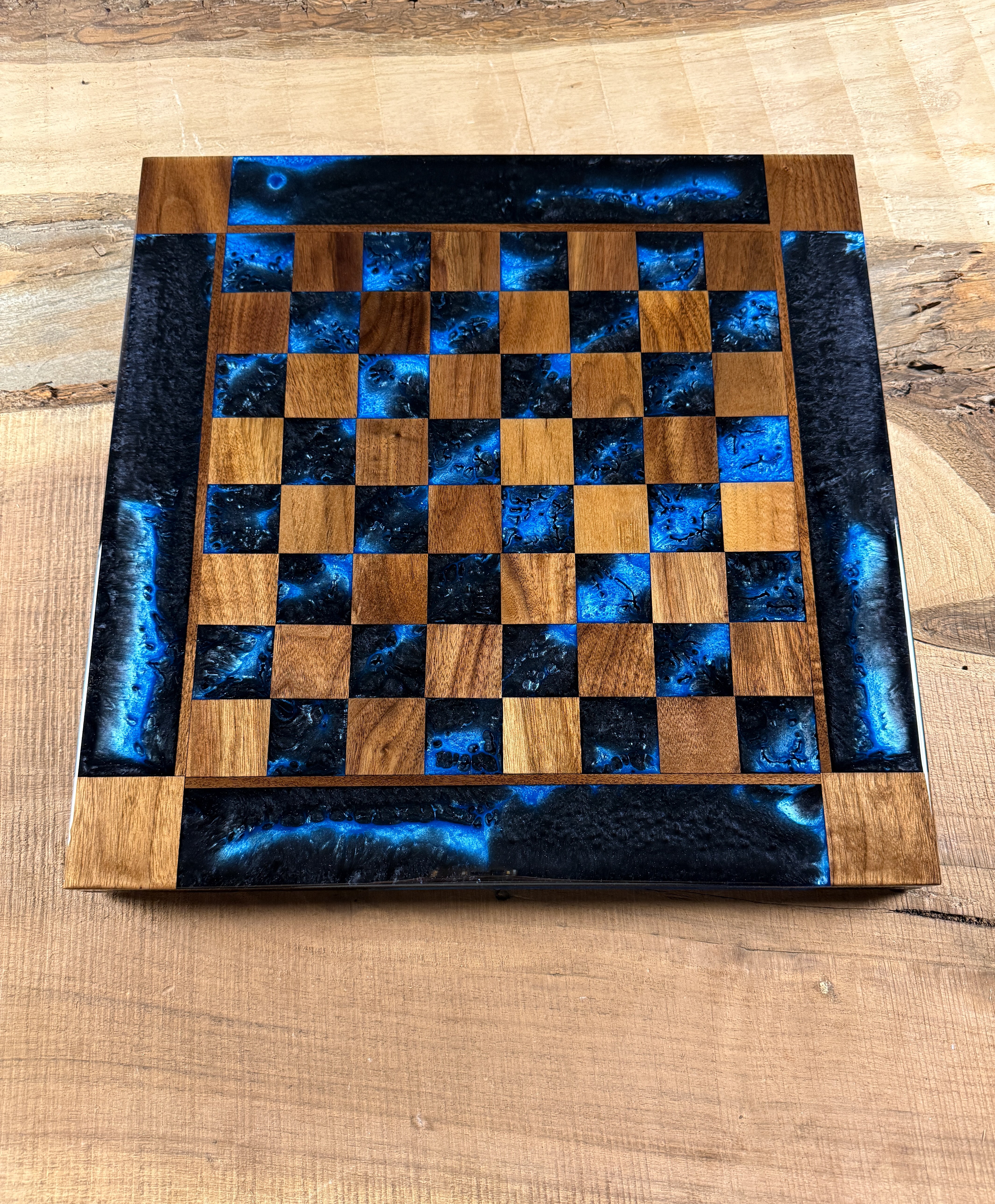 Caribbean Blue Black Onyx Walnut Chess Board (INCLUDES PIECES)