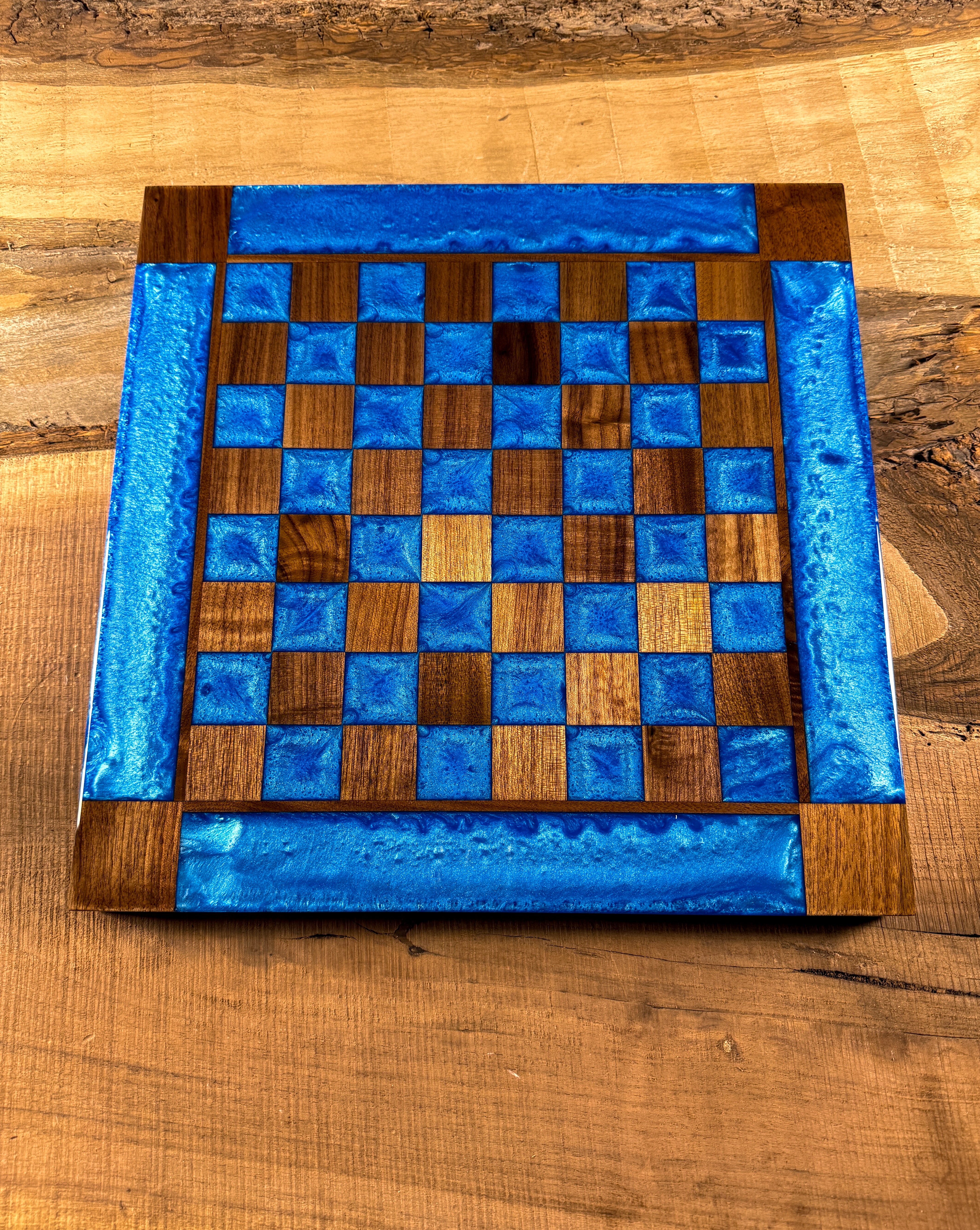 Caribbean Blue Black Walnut Chess Board (Chess Set Included)