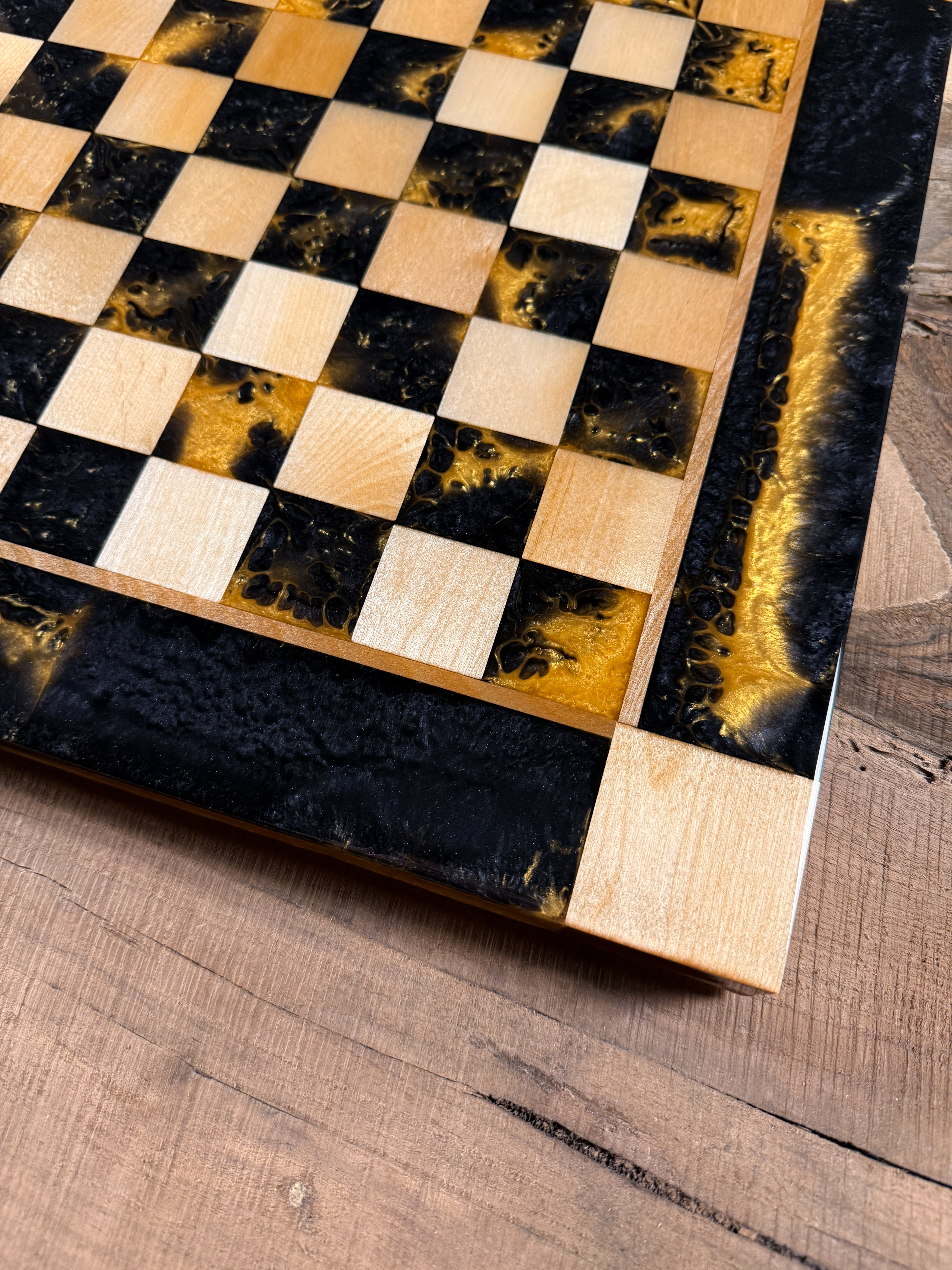 Golden Black Onyx Maple Wood Chess Board (Chess Set Included)