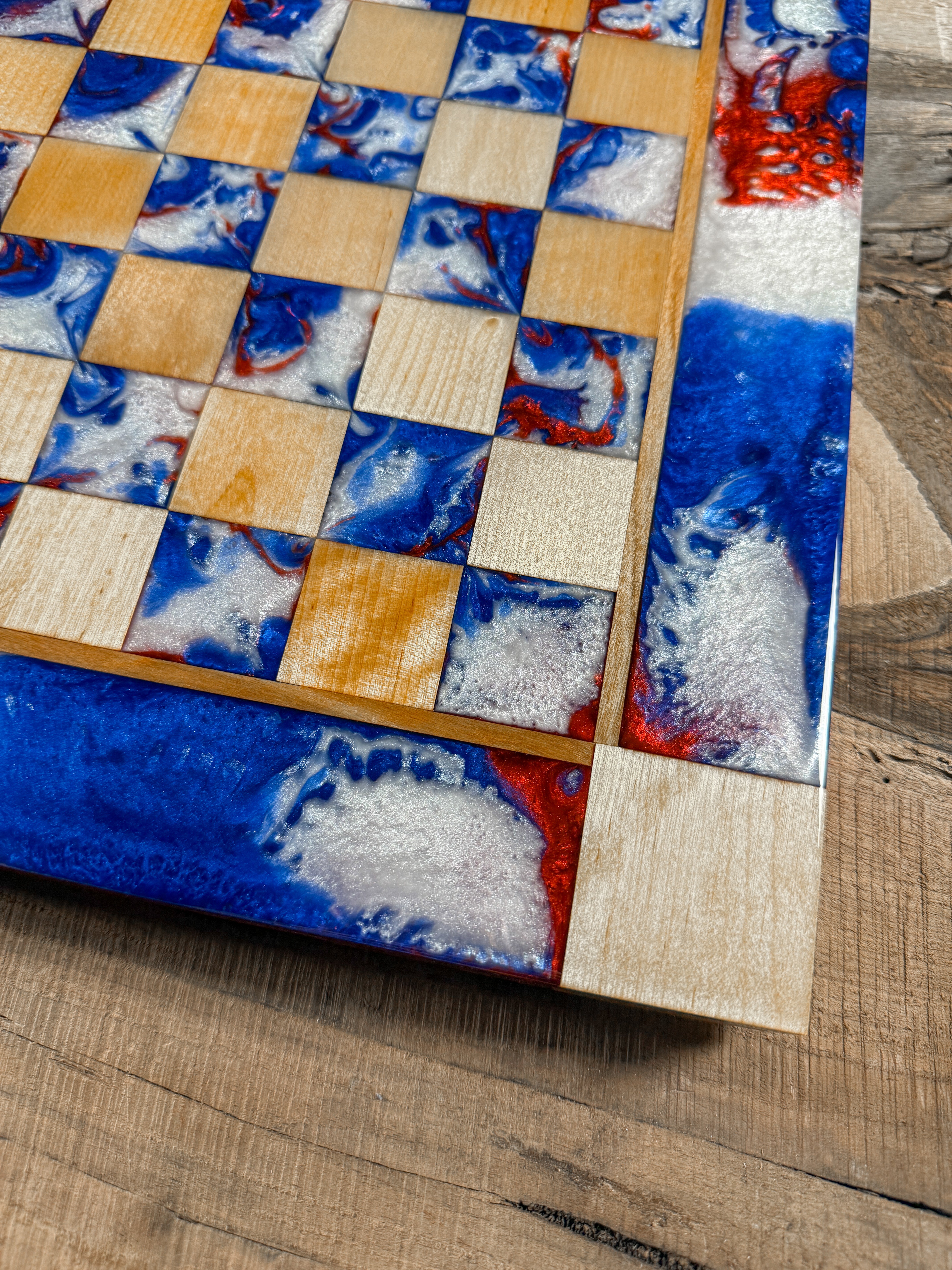 Red White & Blue Maple Wood Chess Board (INLCUDES PIECES)
