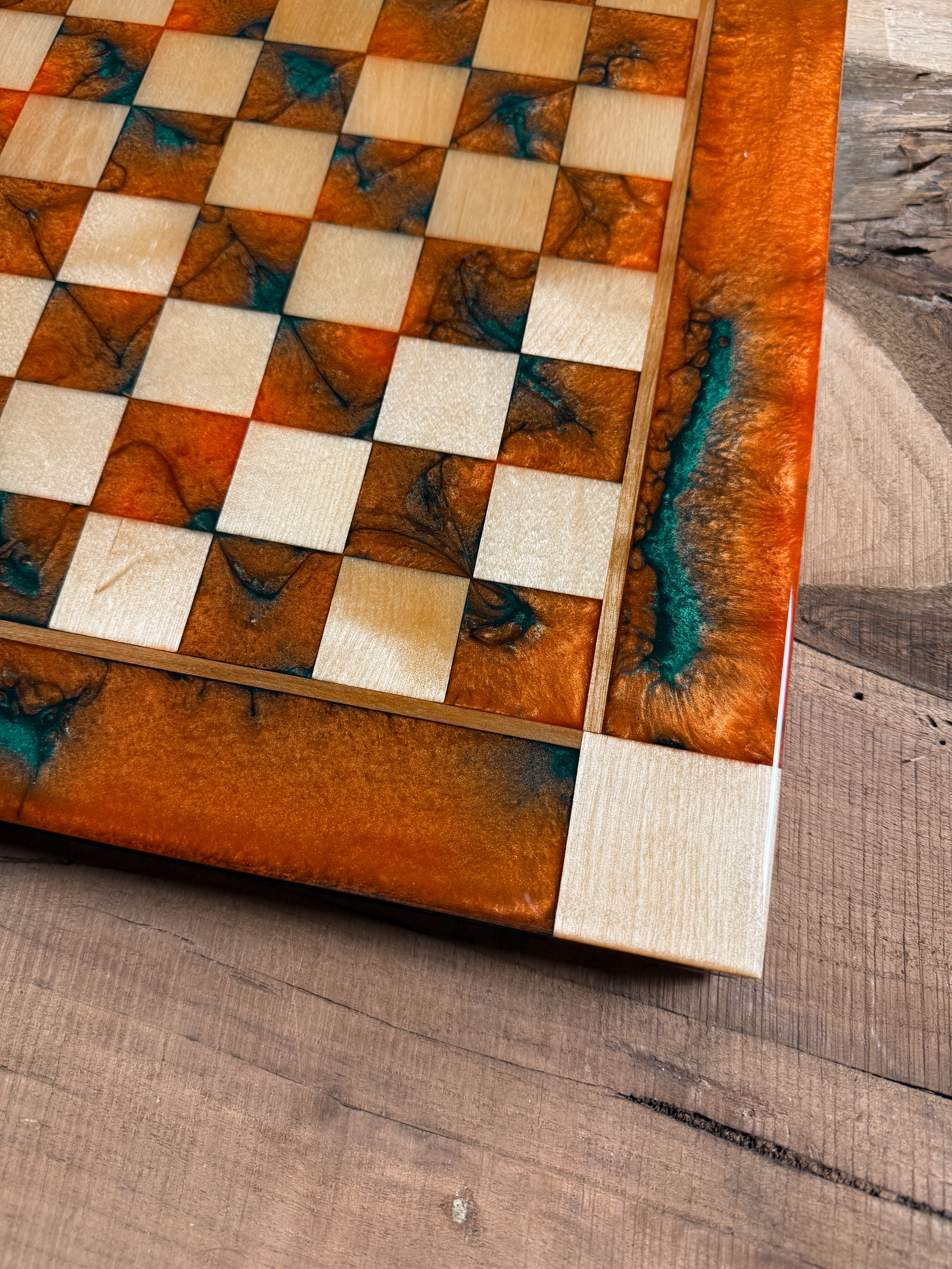 Vivid Orange/Emerald Green Maple Wood Chess Board (INCLUDES CHESS PIECES)