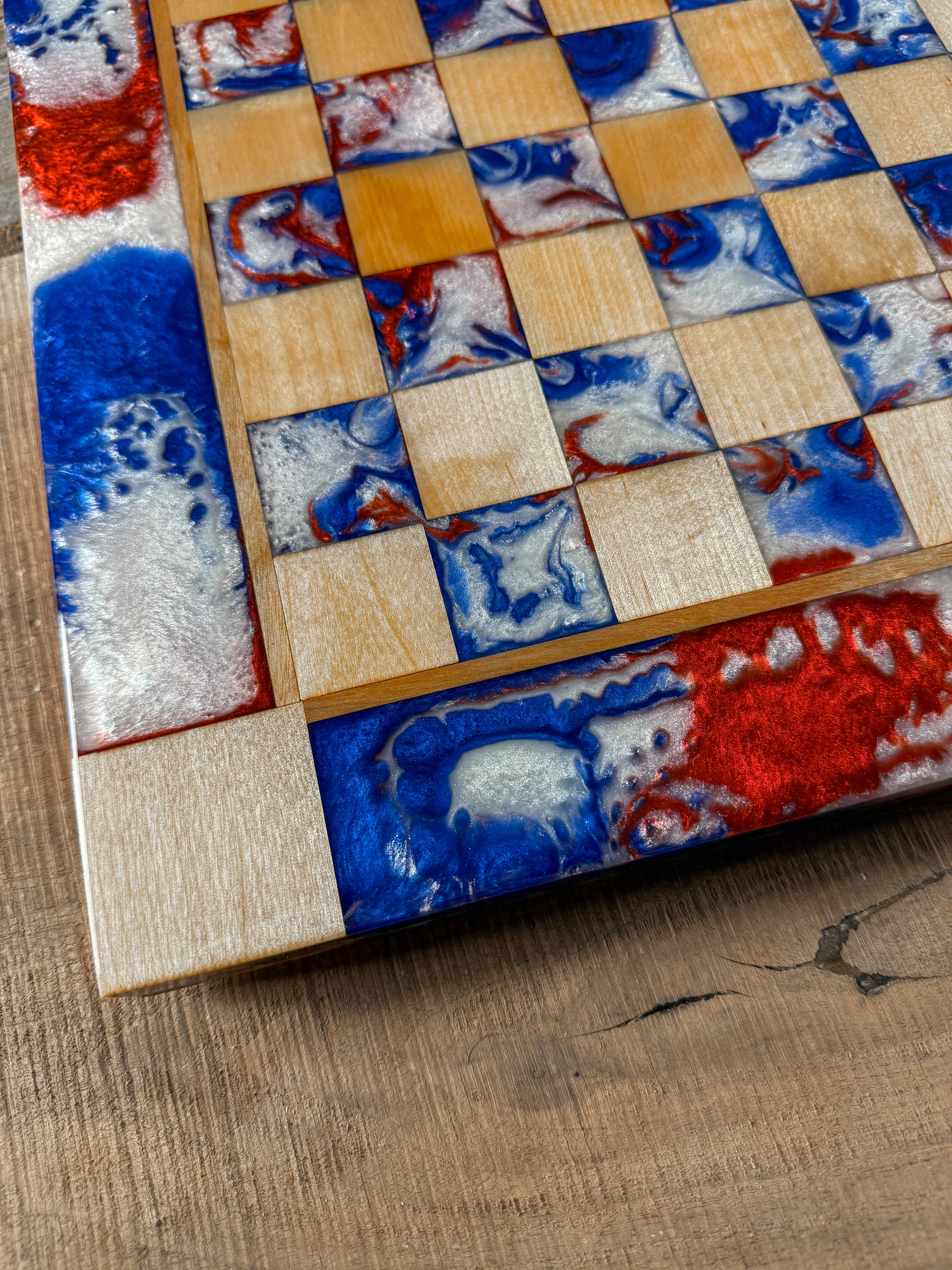 Red White & Blue Maple Wood Chess Board (INLCUDES PIECES)