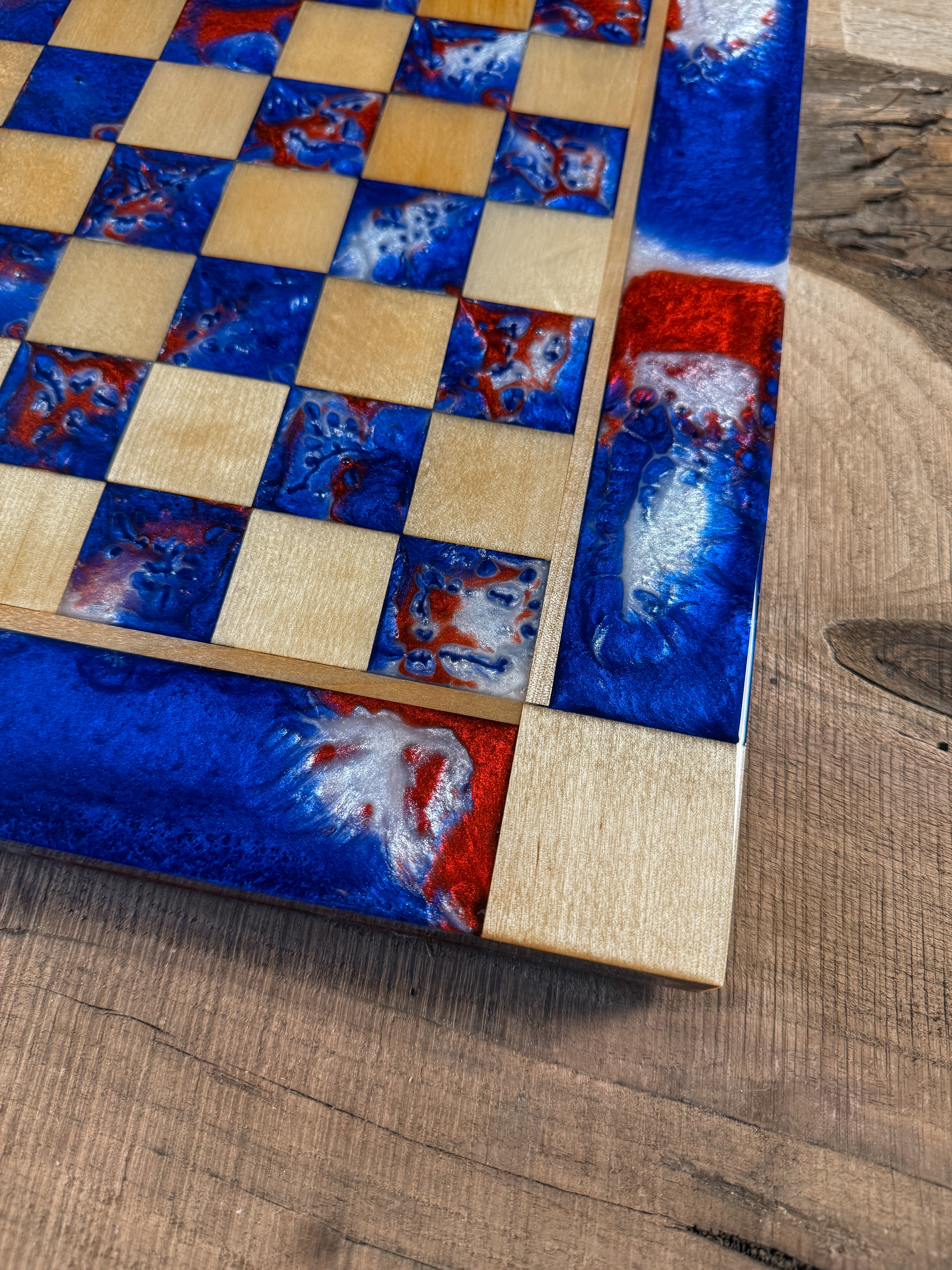 Red White & Blue Maple Wood Chess Board (INLCUDES PIECES)