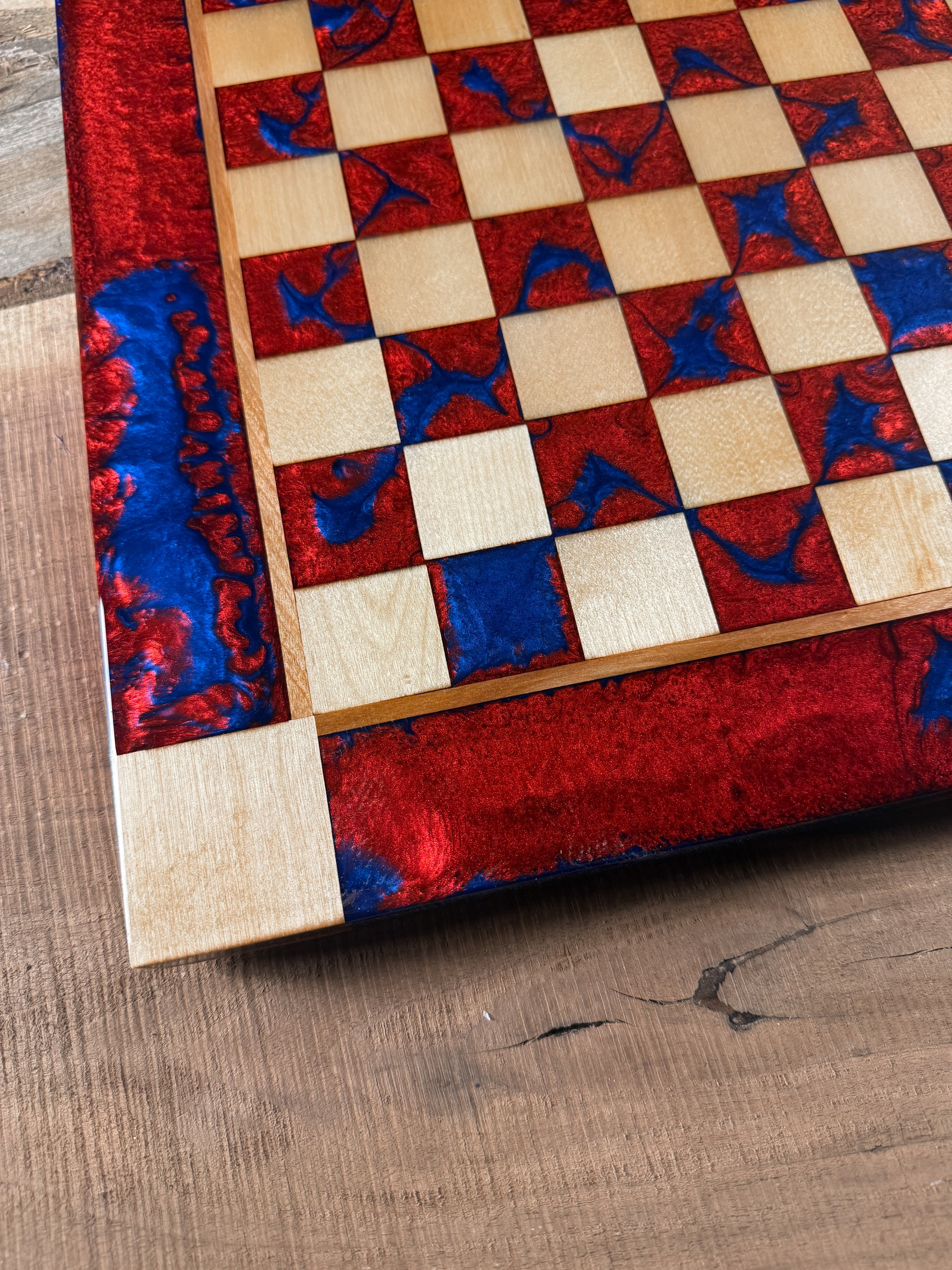 Deep Blue Red Lava Maple Wood Chess Board (Chess Set Included)