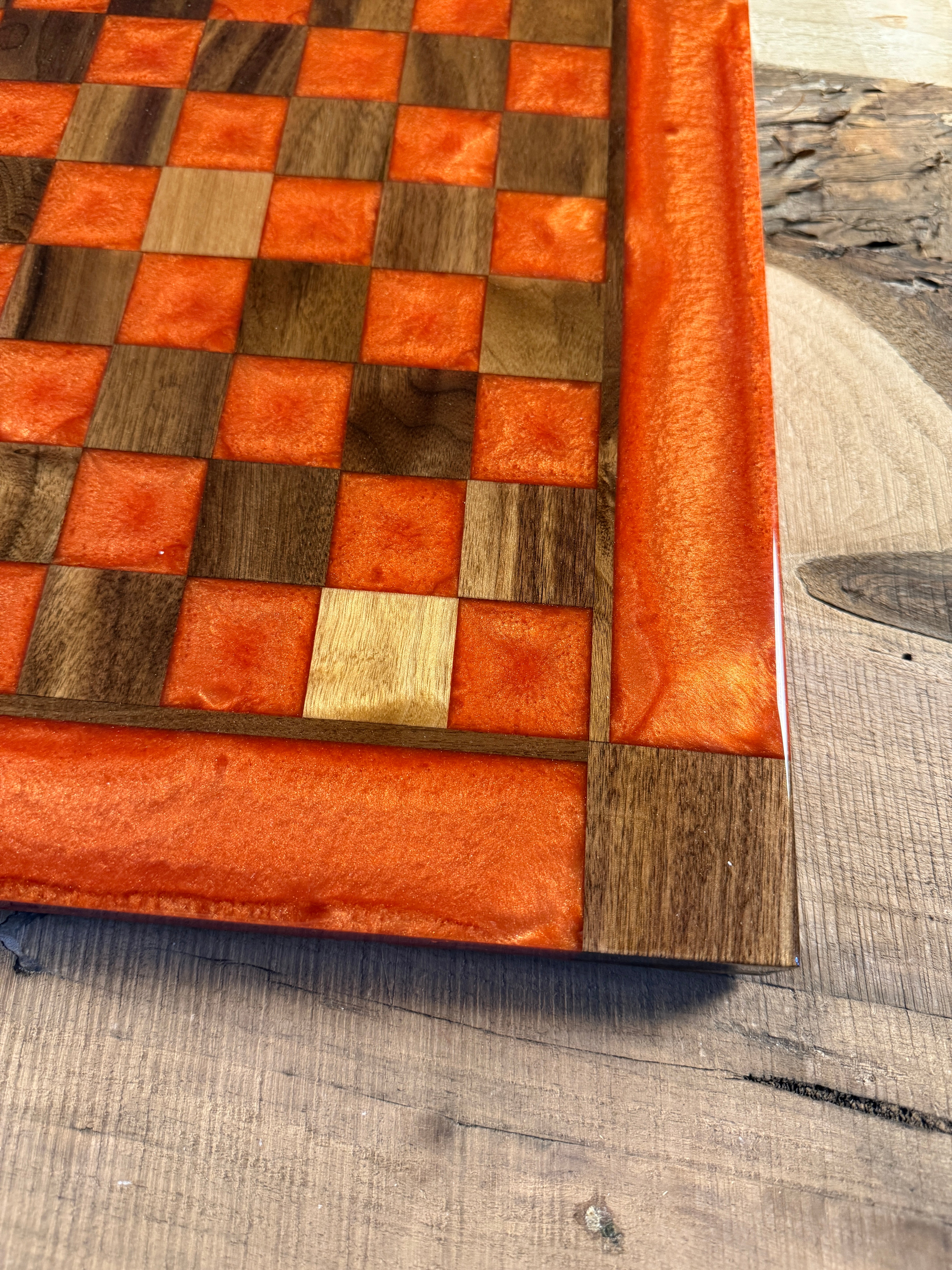 Vivid Orange Black Walnut Chess Board (Chess Set Included)