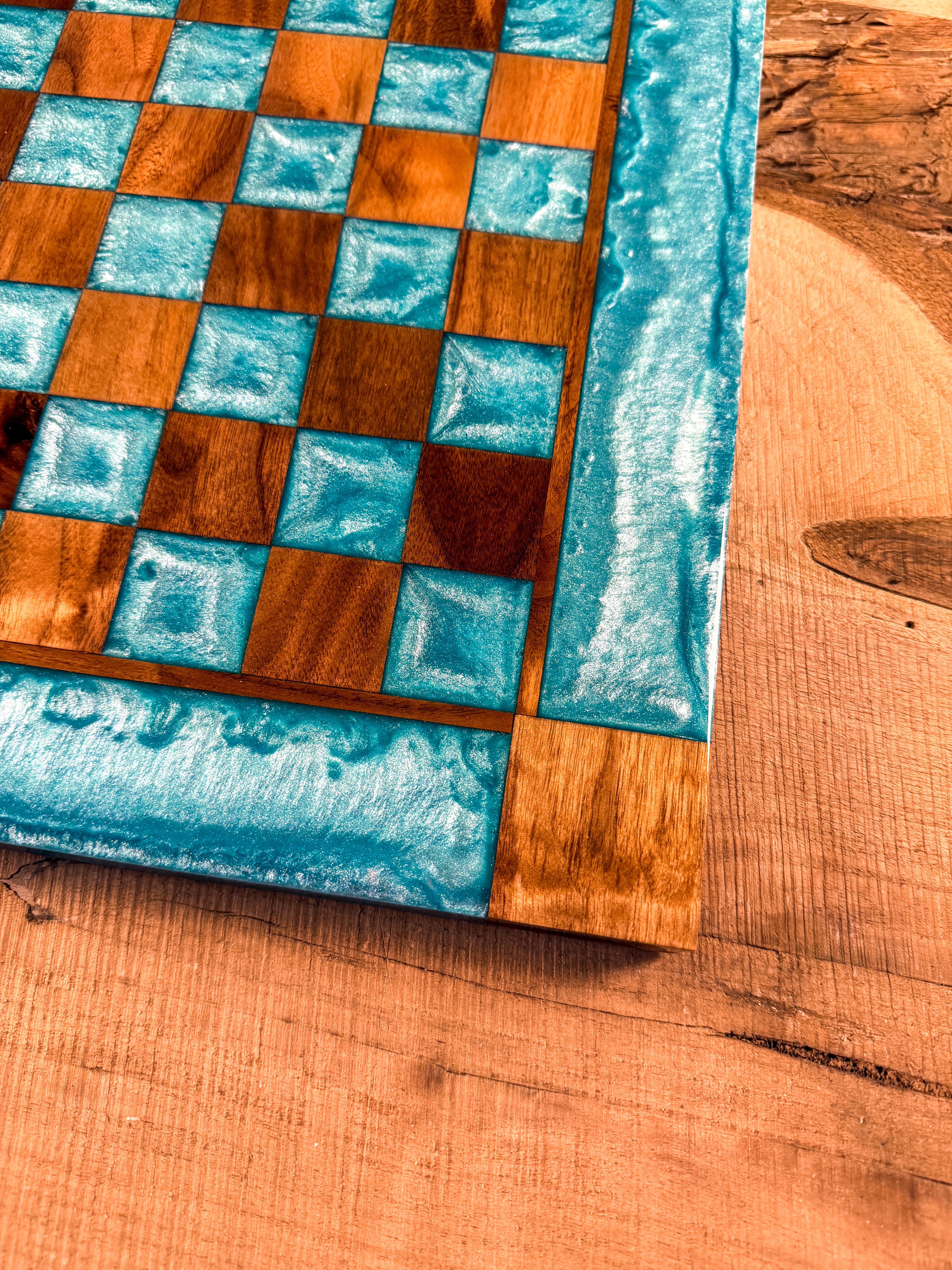 Turquoise Diamond Black Walnut Chess Board (Chess Set Included)