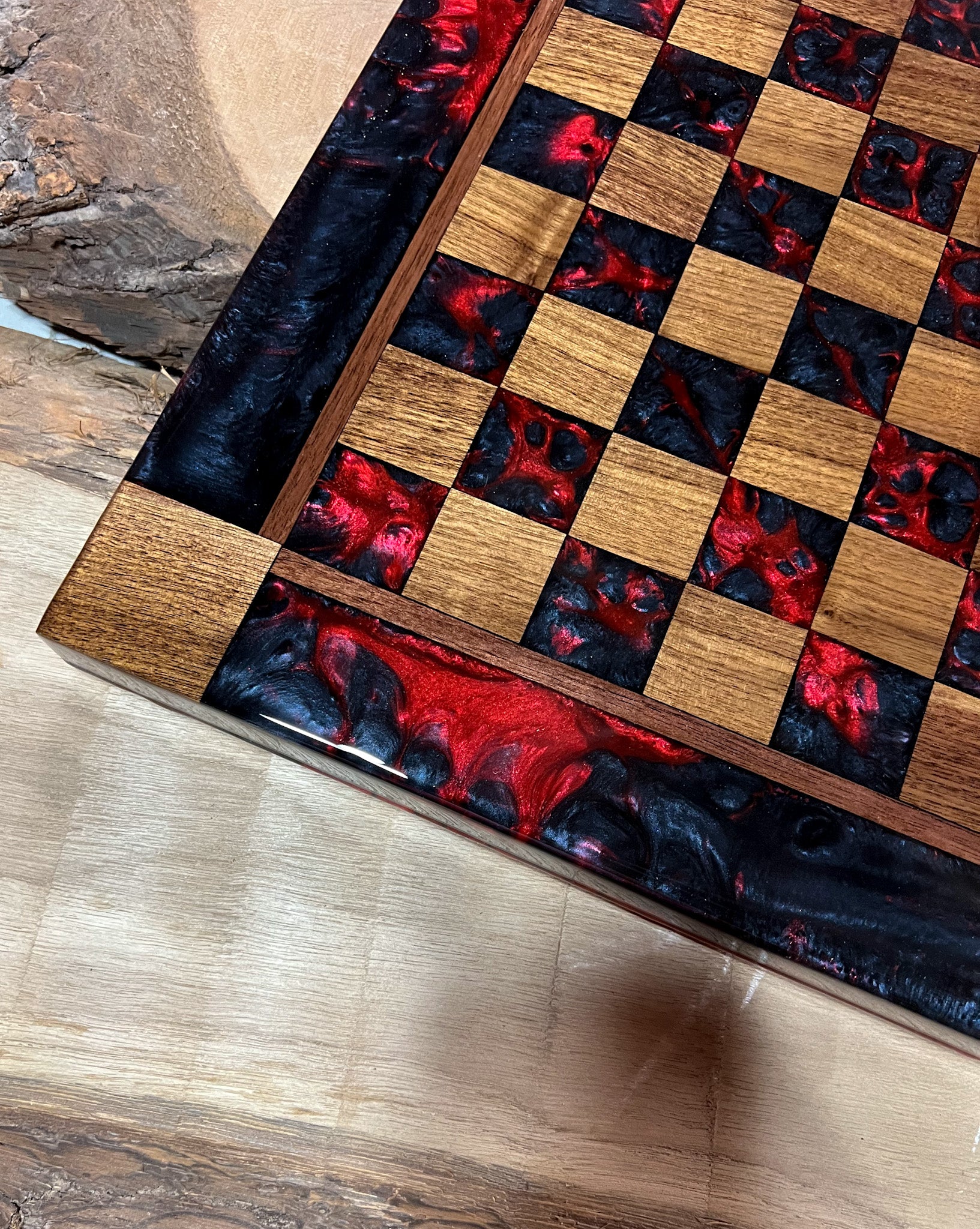 Black Onyx Red Lava Black Walnut Chess Board (INCLUDES GLASS PIECES)