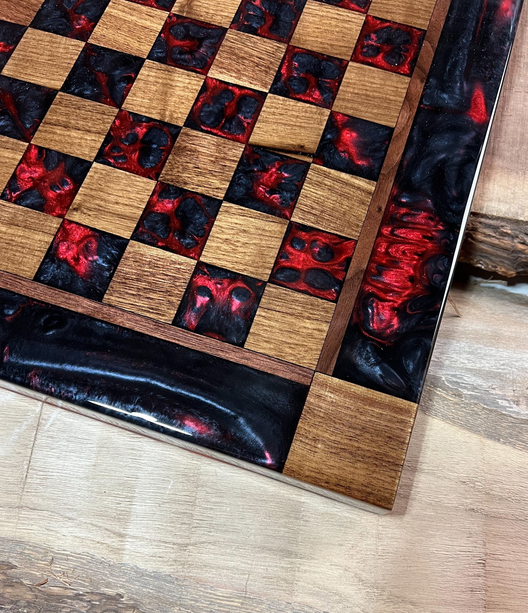 Black Onyx Red Lava Black Walnut Chess Board (INCLUDES GLASS PIECES)