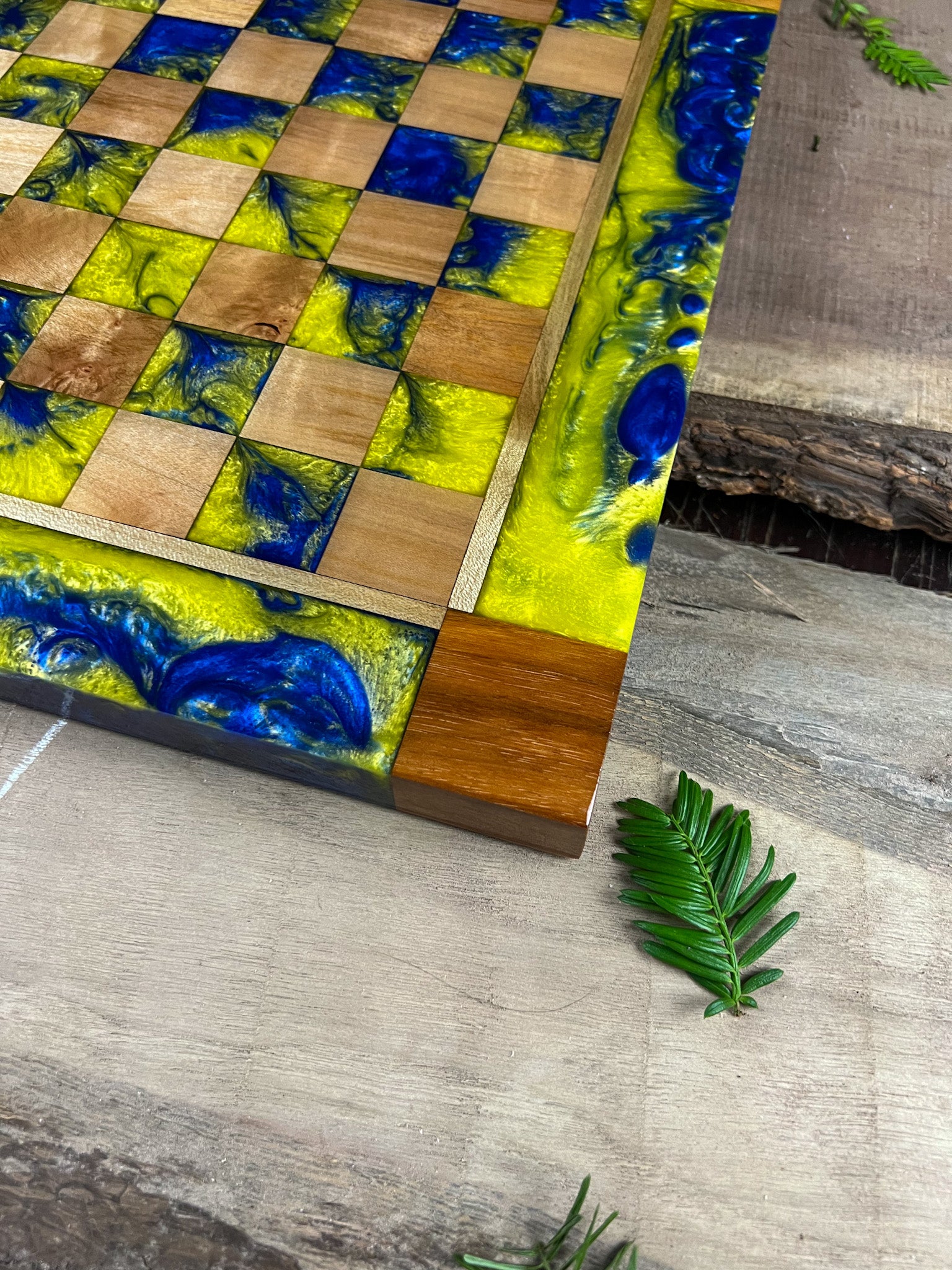 Golden Blue Maple Wood Chess Board (With Border)