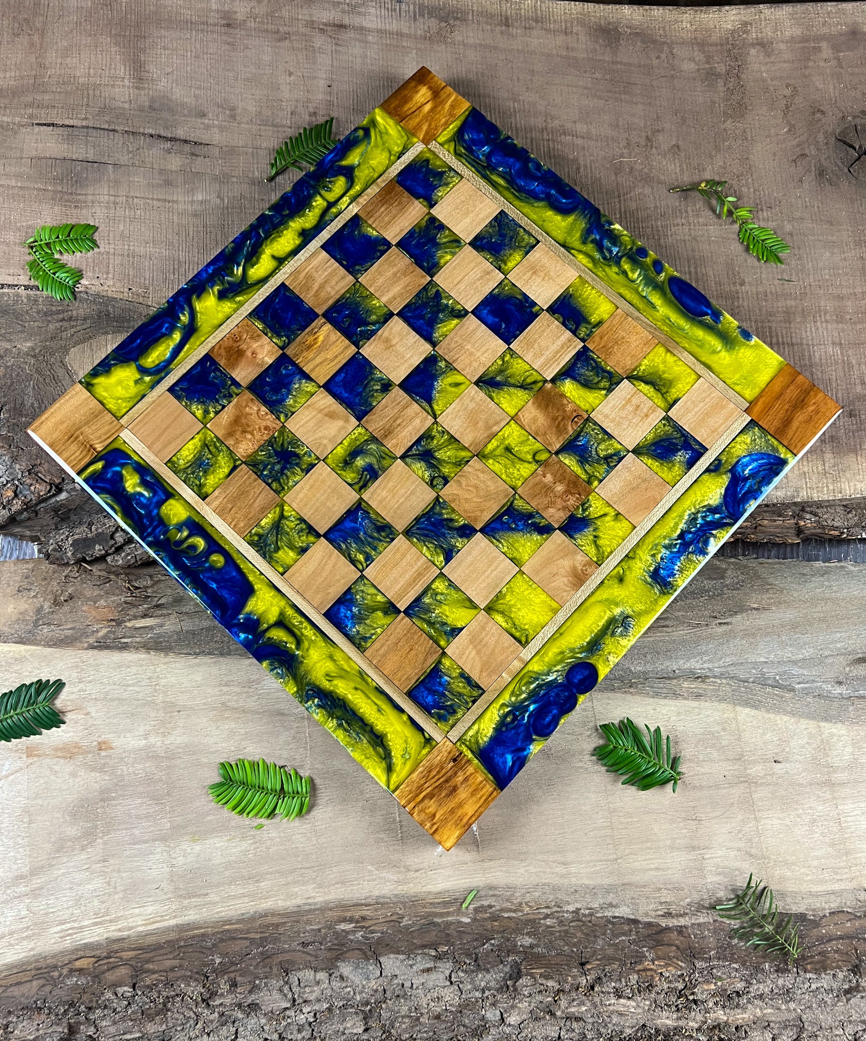 Golden Blue Maple Wood Chess Board (With Border)