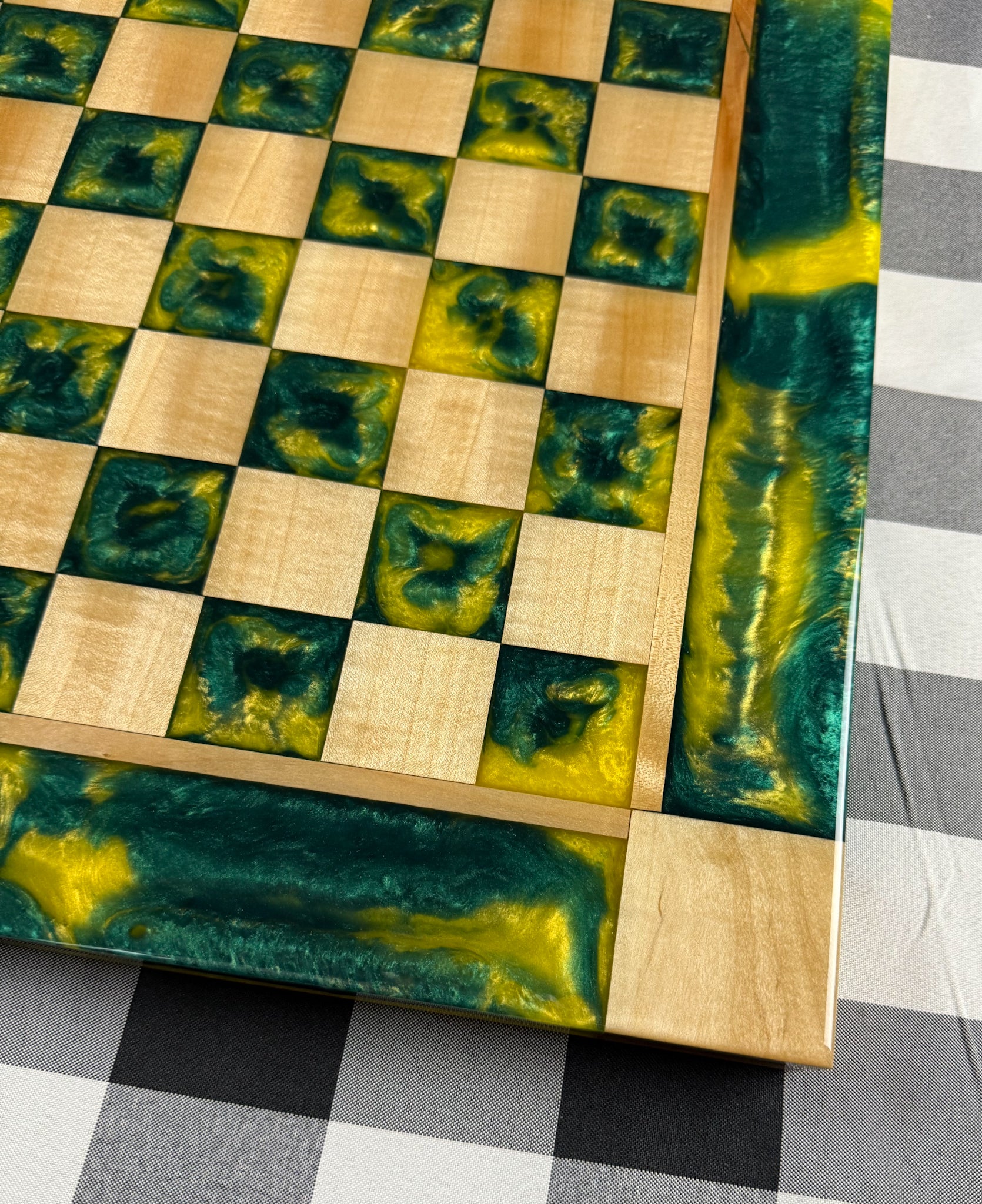 Vivid Golden Emerald Maple Wood Chess Board (Glass Chess Set Included)