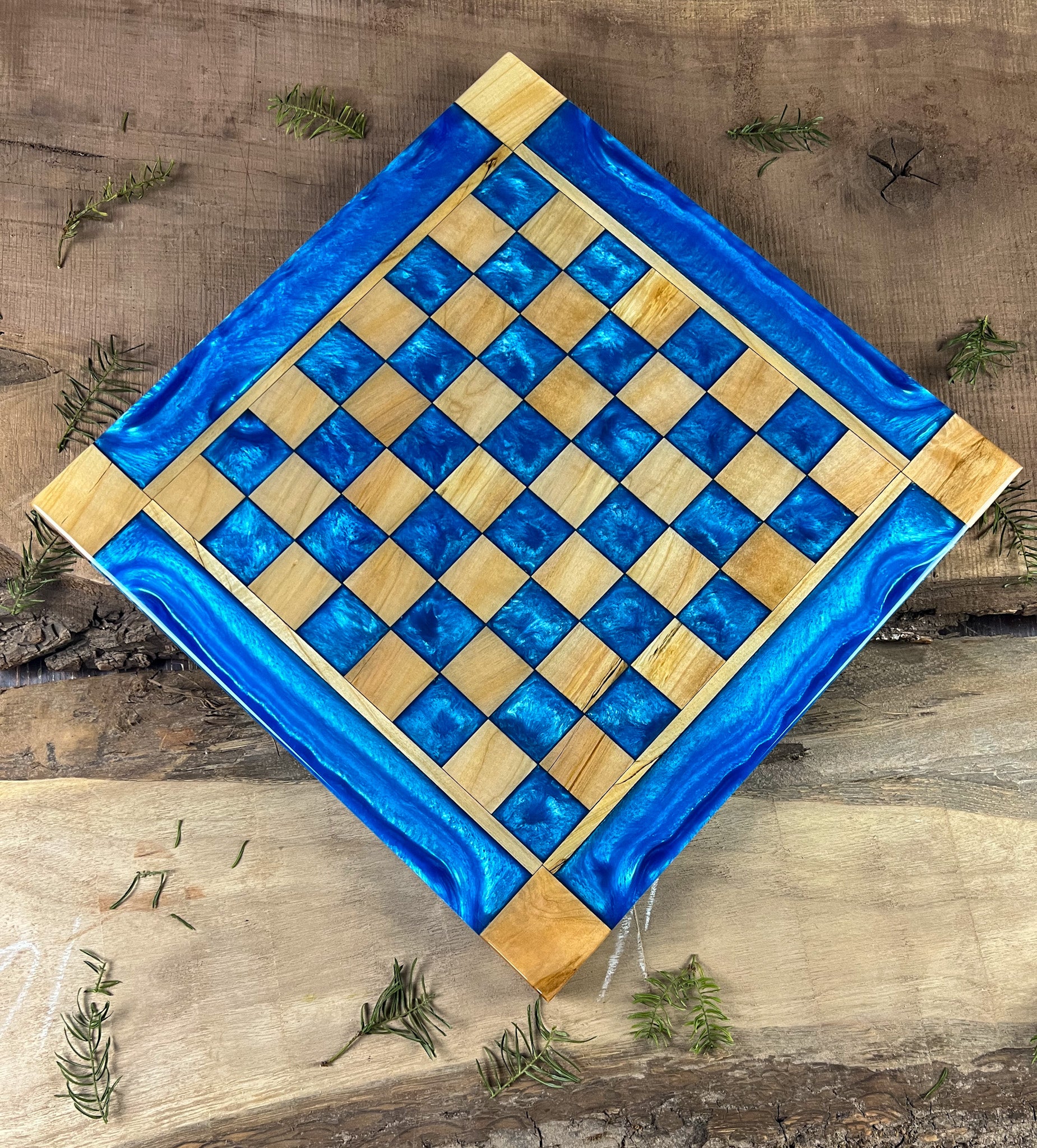 Caribbean Blue Maple Wood Chess Board (With Border)