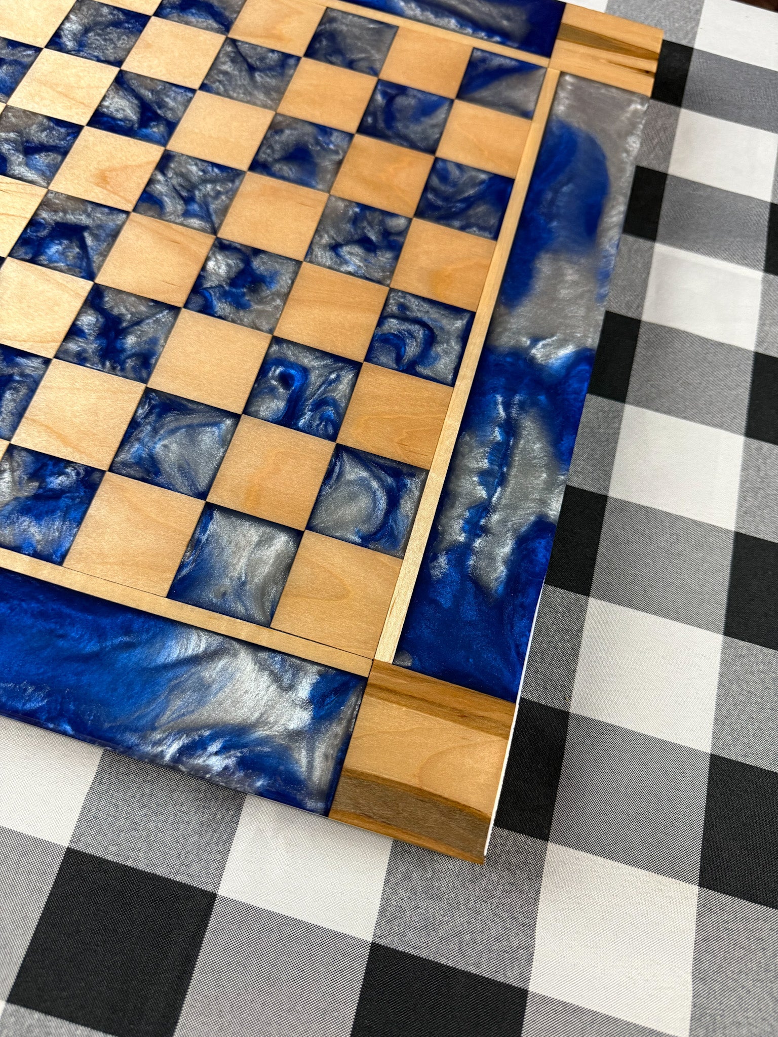 Deep Blue Silver Cloud Maple Wood Chess Board (Glass Chess Set Included)