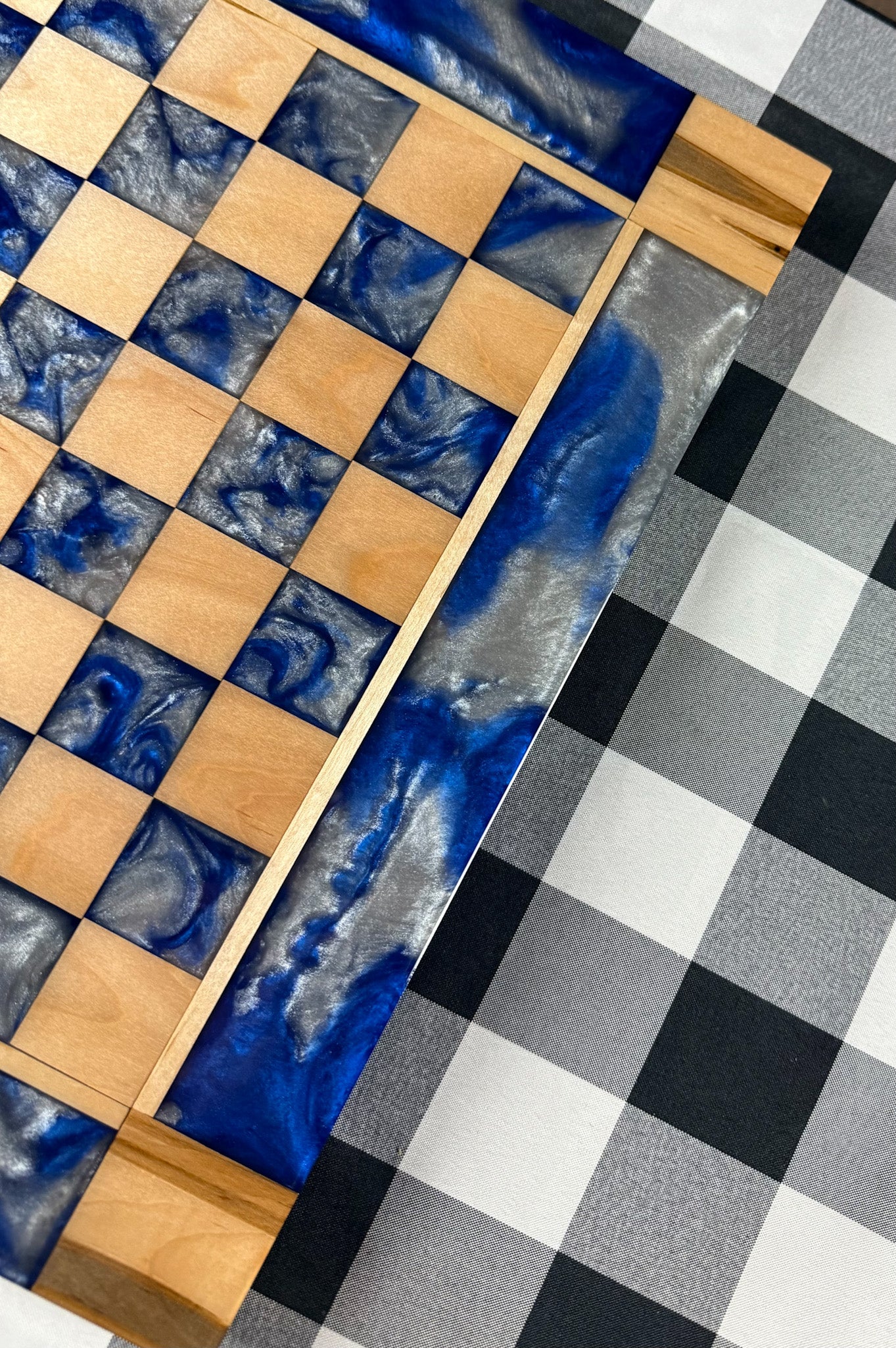 Deep Blue Silver Cloud Maple Wood Chess Board (Glass Chess Set Included)