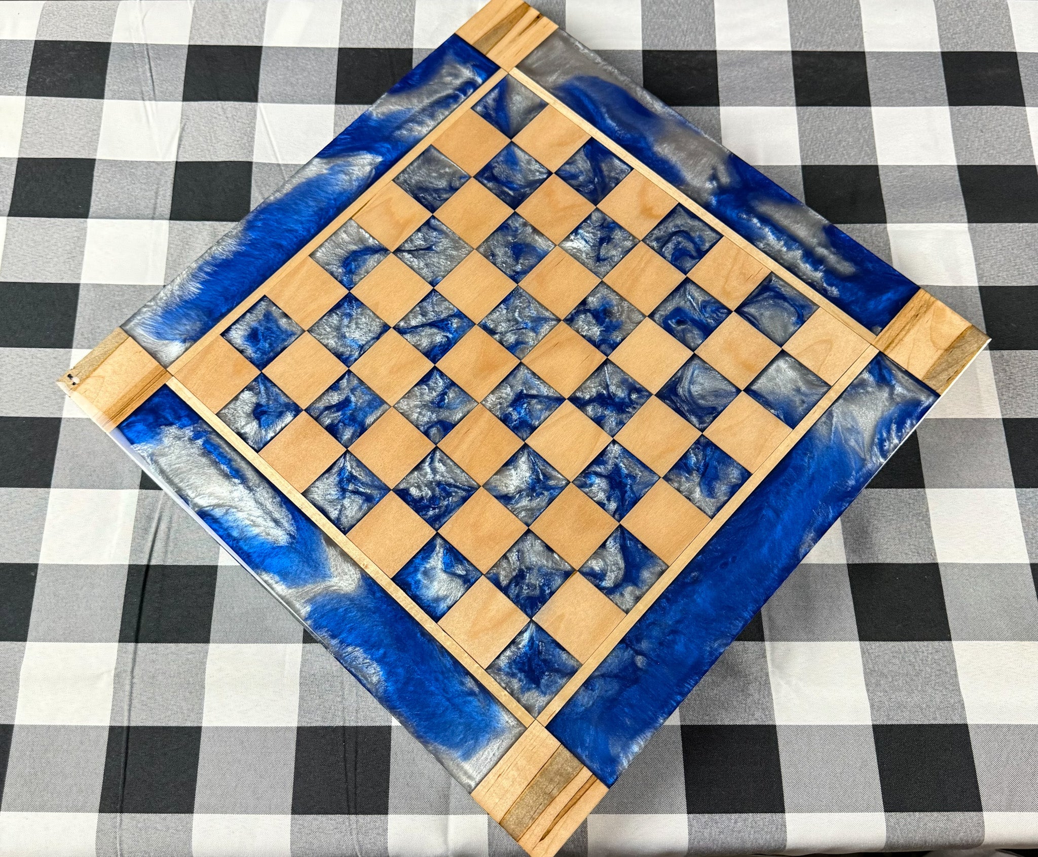 Deep Blue Silver Cloud Maple Wood Chess Board (Glass Chess Set Included)