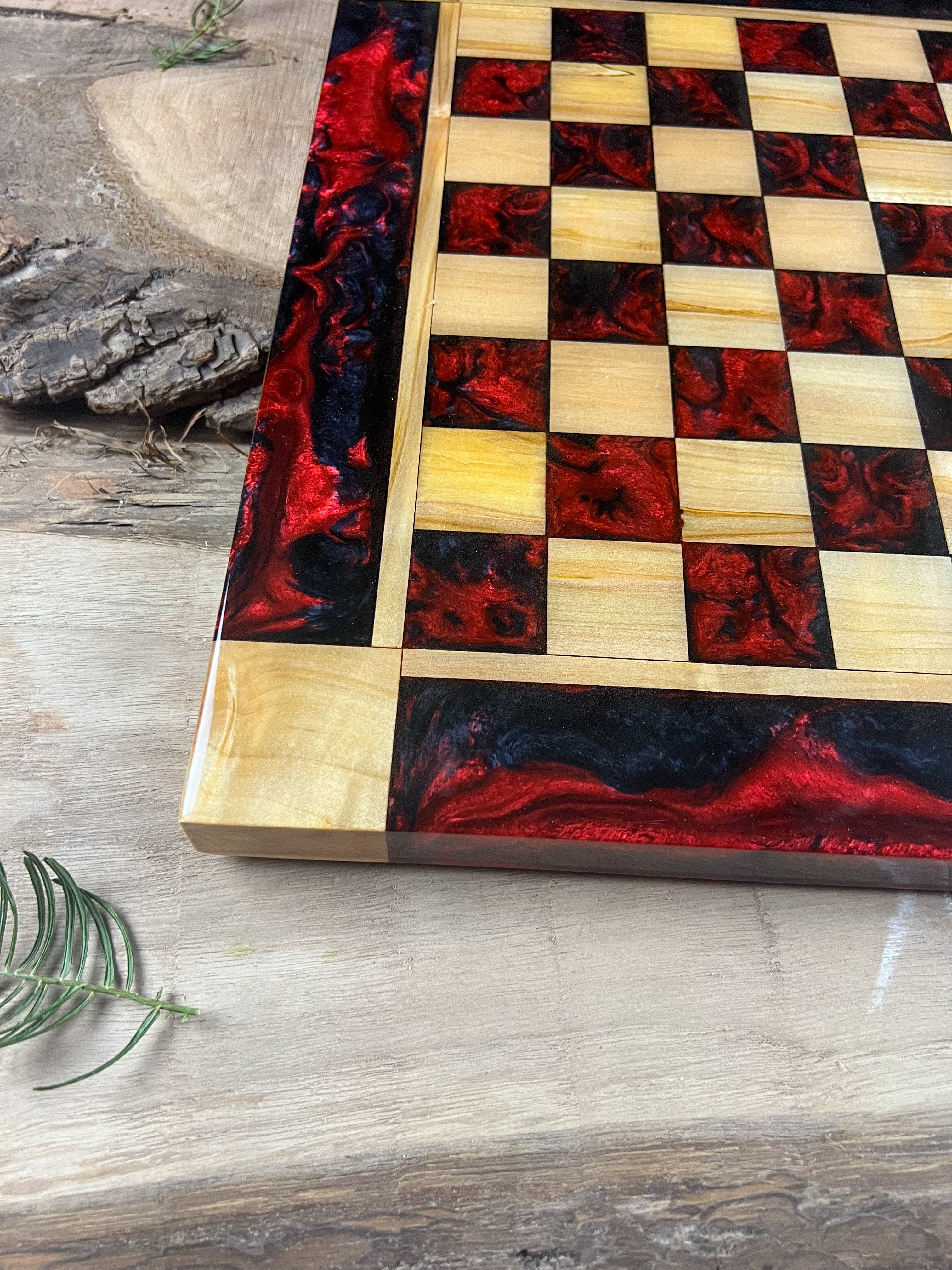 Red and Black Maple Wood Chess Board (With Border)