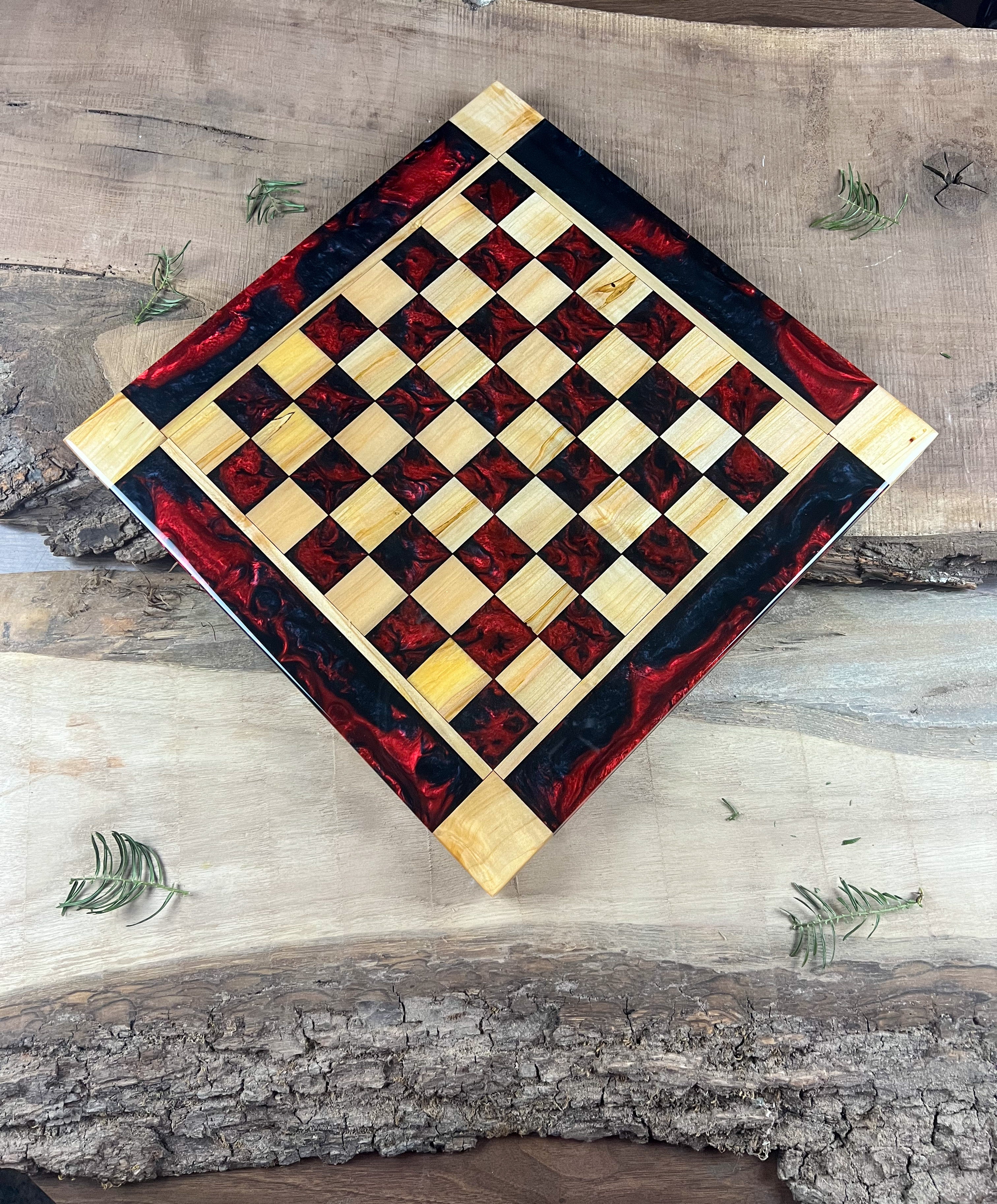 Red and Black Maple Wood Chess Board (With Border)