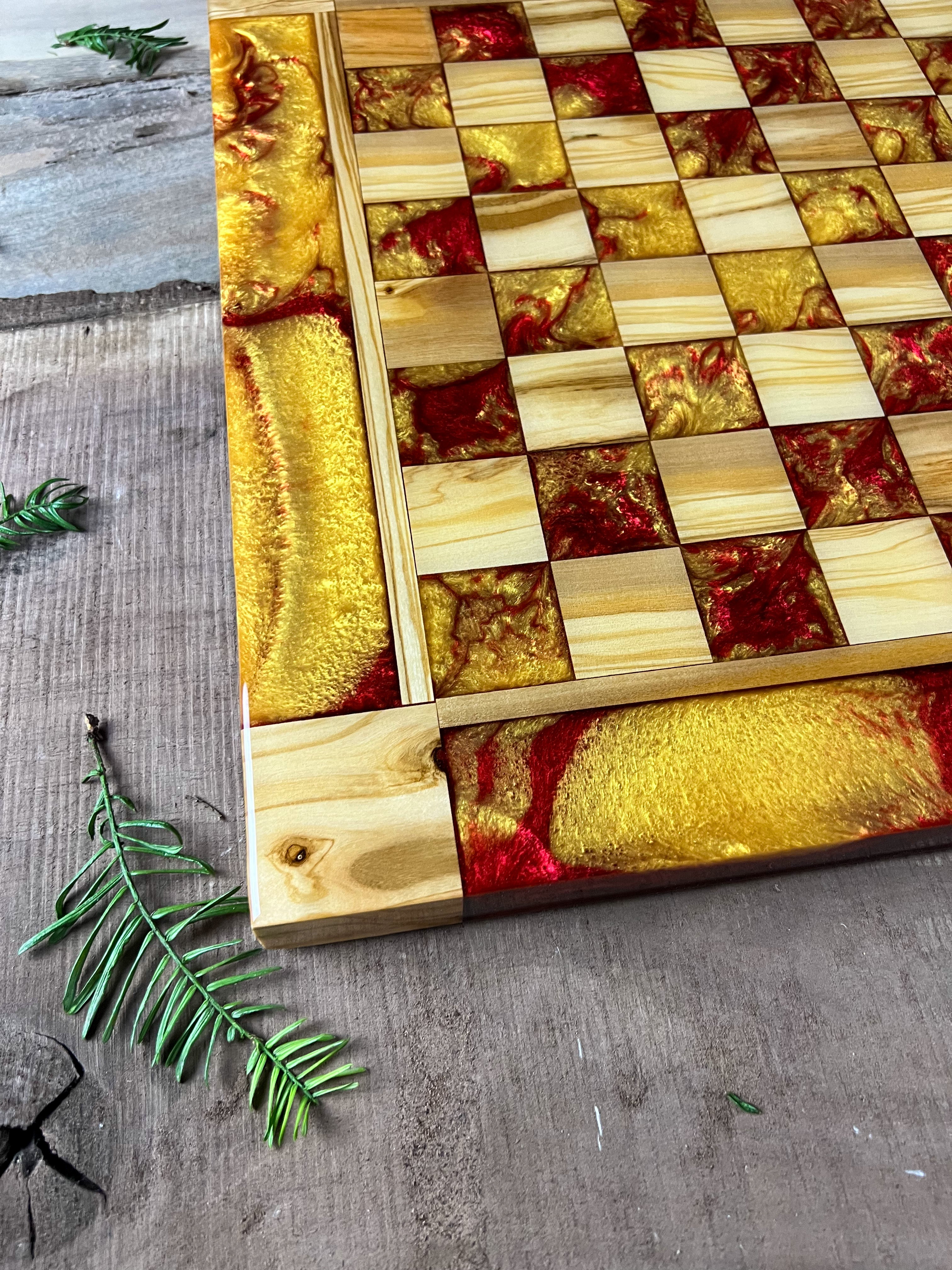 Golden Red Olive Wood Chess Board (With Border)