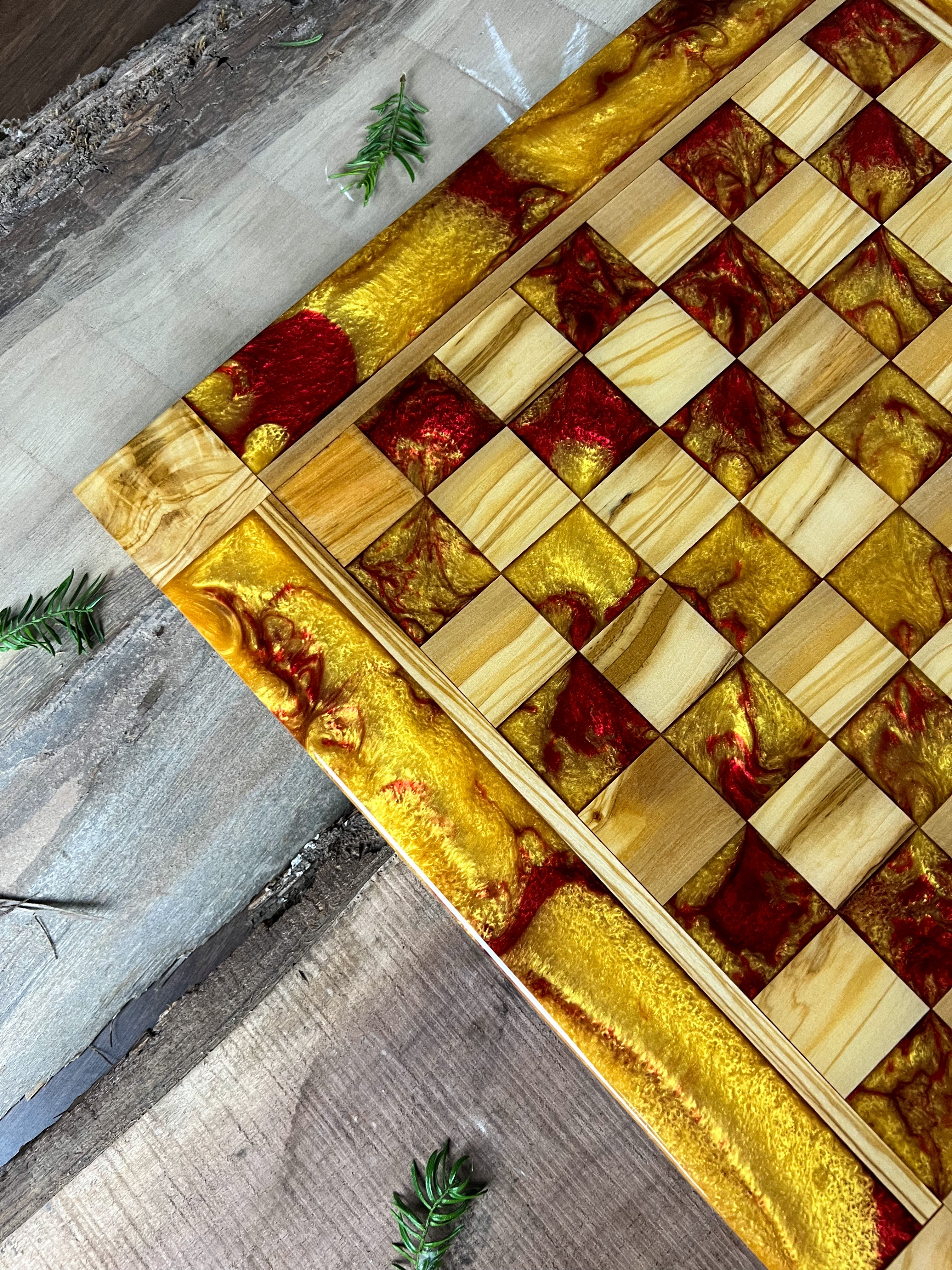 Golden Red Olive Wood Chess Board (With Border)