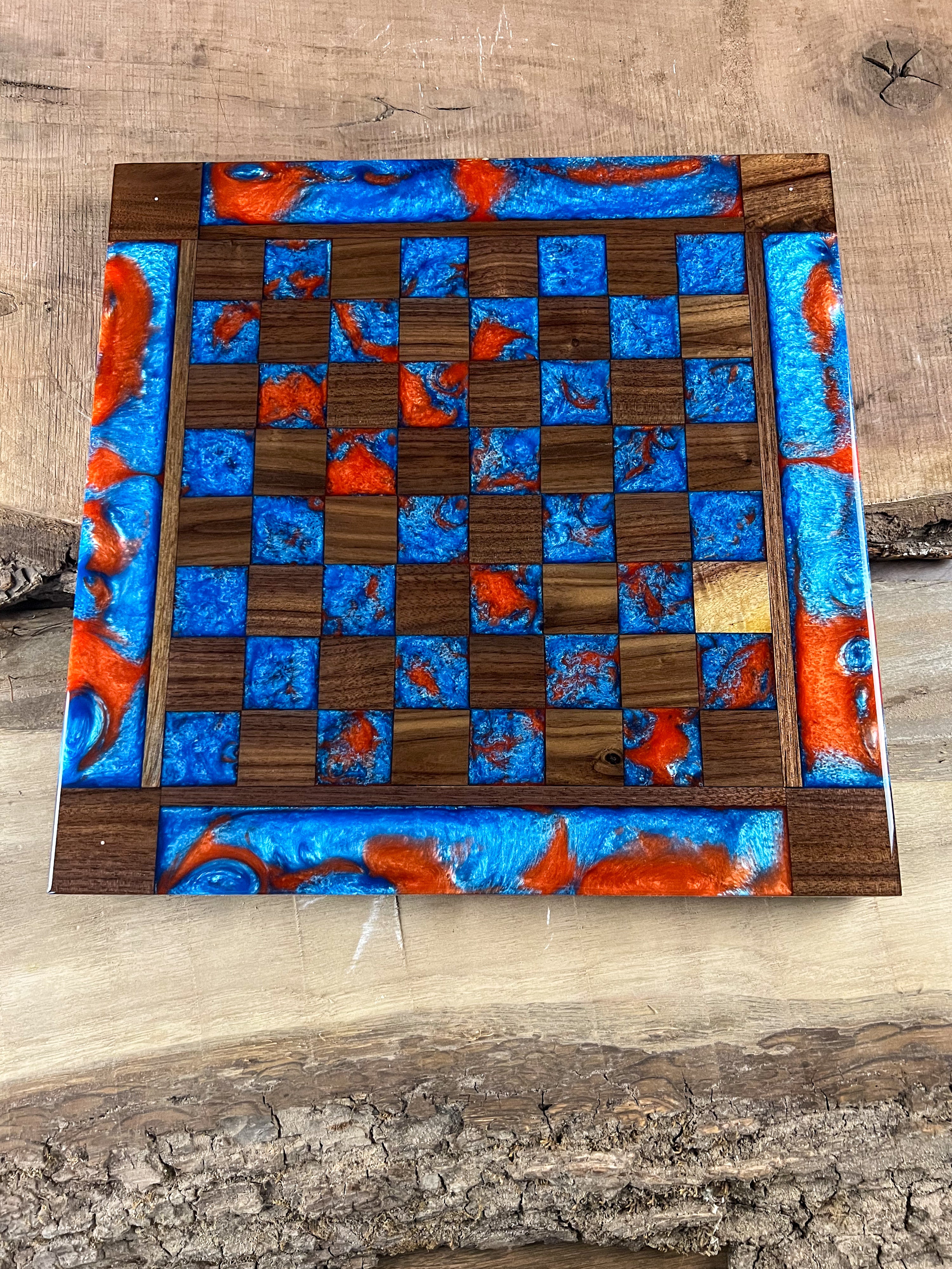 Caribbean Blue Vivid Orange Walnut Chess Board (With Border)