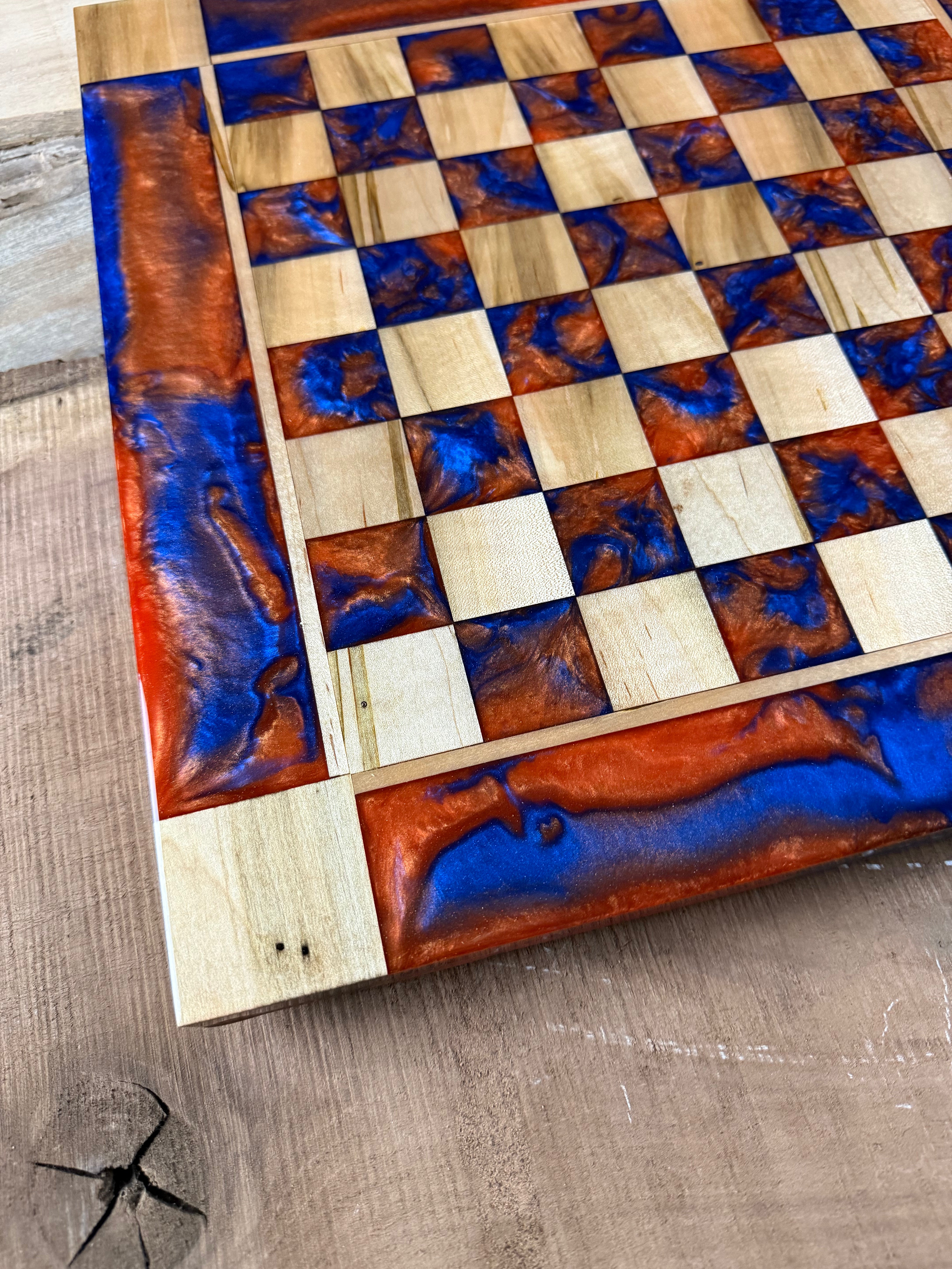 Deep Blue Vivid Orange Maple Wood Chess Board (Glass Chess Set Included)