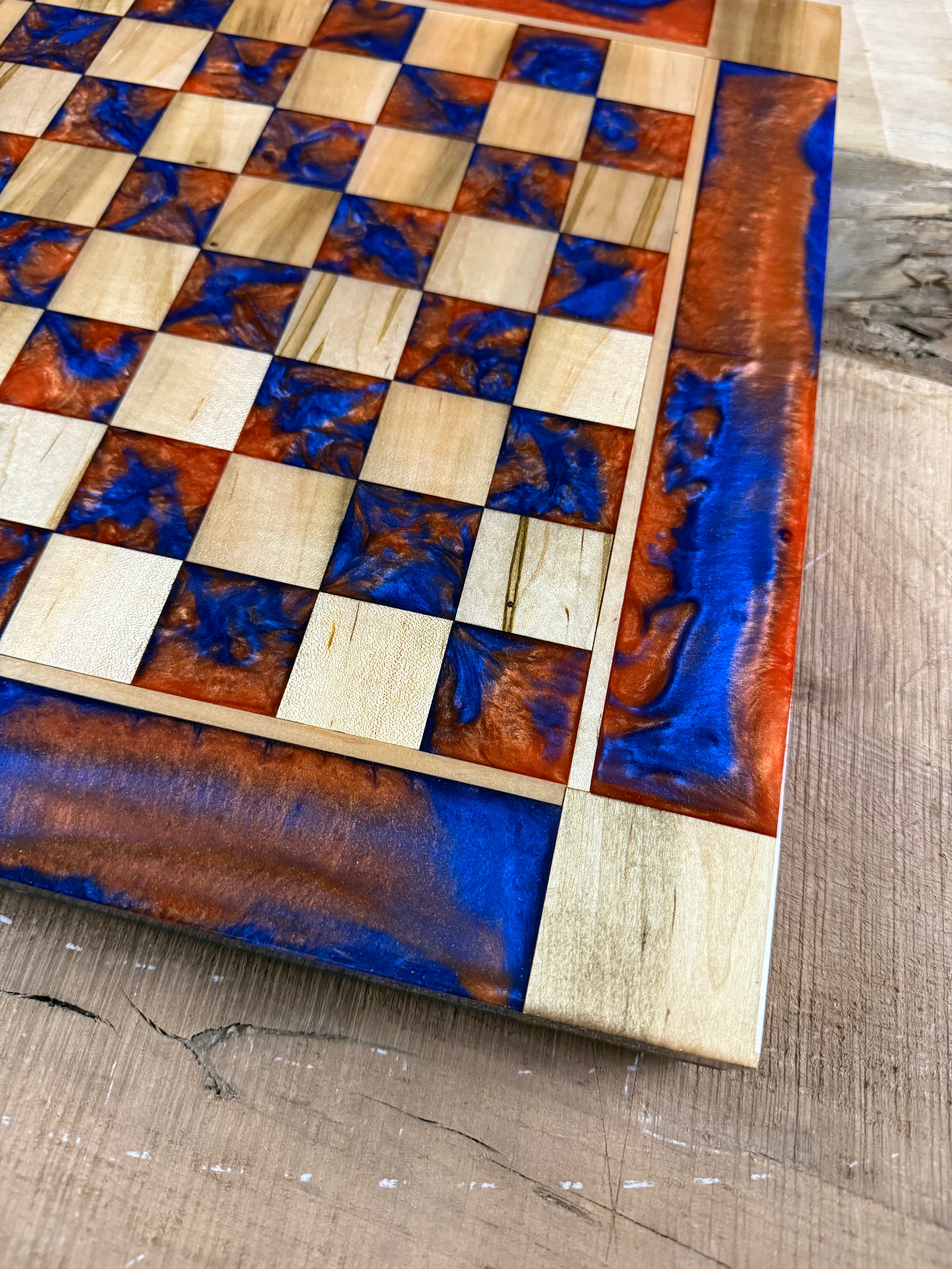 Deep Blue Vivid Orange Maple Wood Chess Board (Glass Chess Set Included)