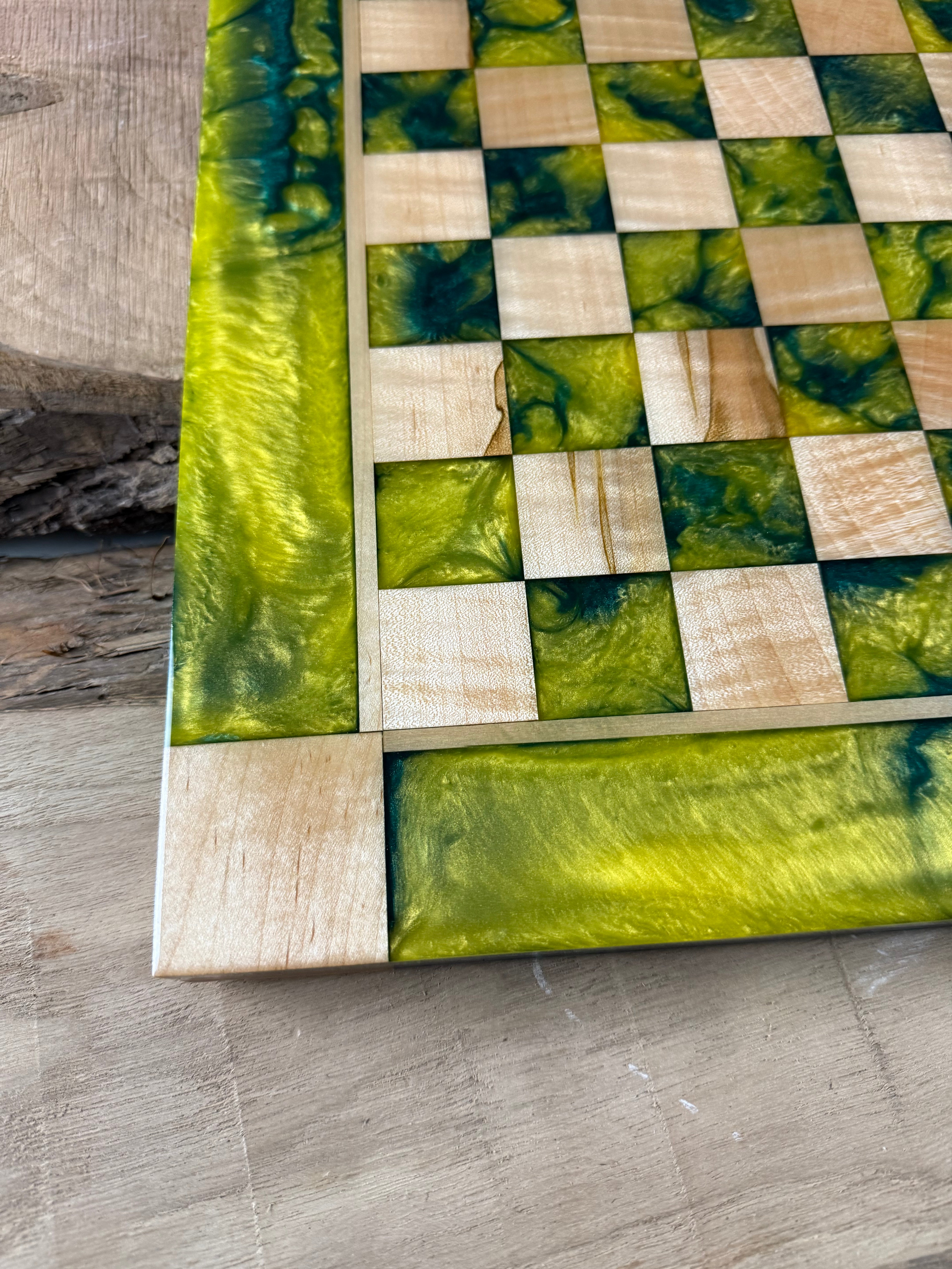 Vivid Golden Emerald Maple Wood Chess Board (Glass Chess Set Included)