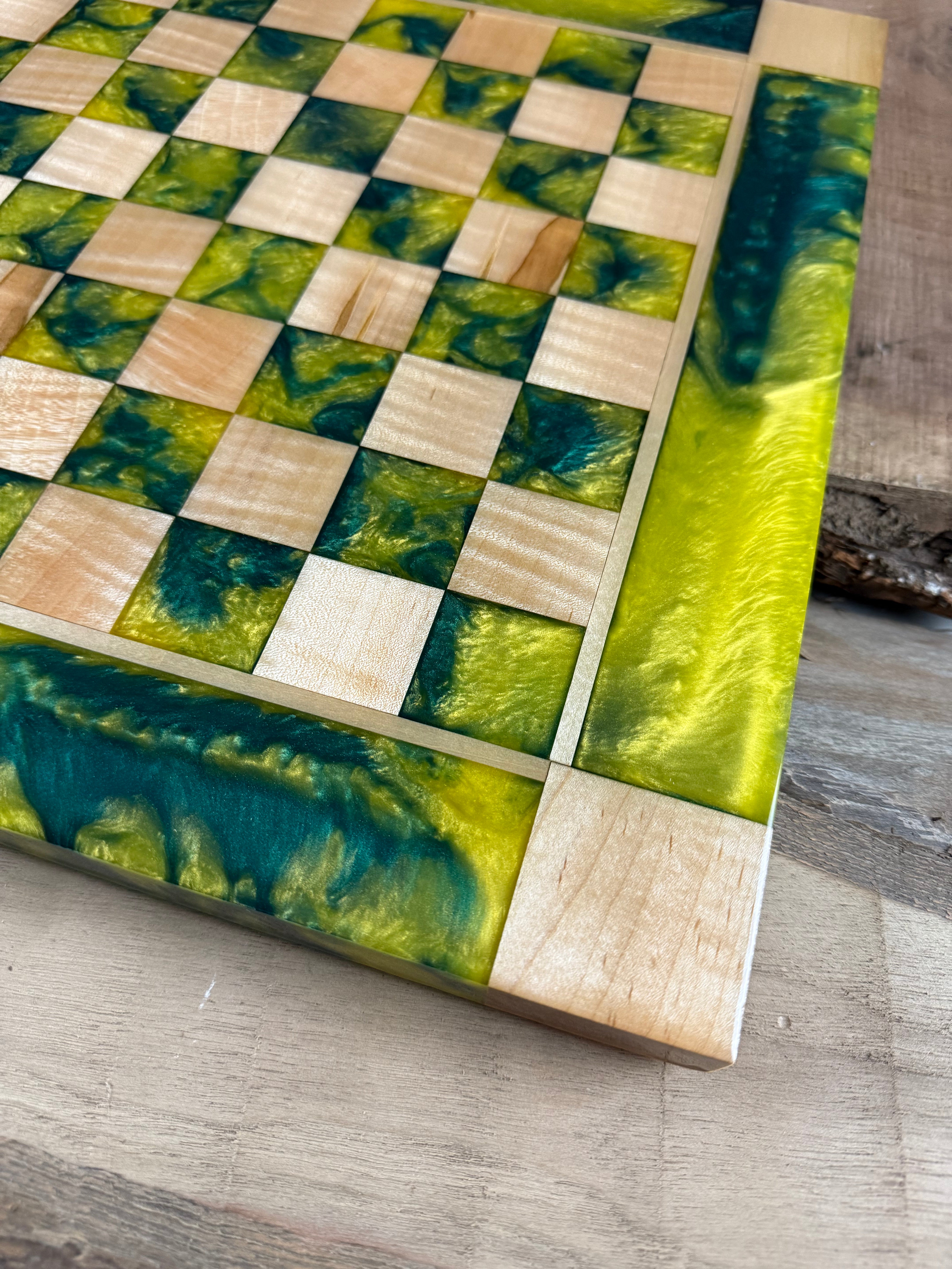 Vivid Golden Emerald Maple Wood Chess Board (Glass Chess Set Included)
