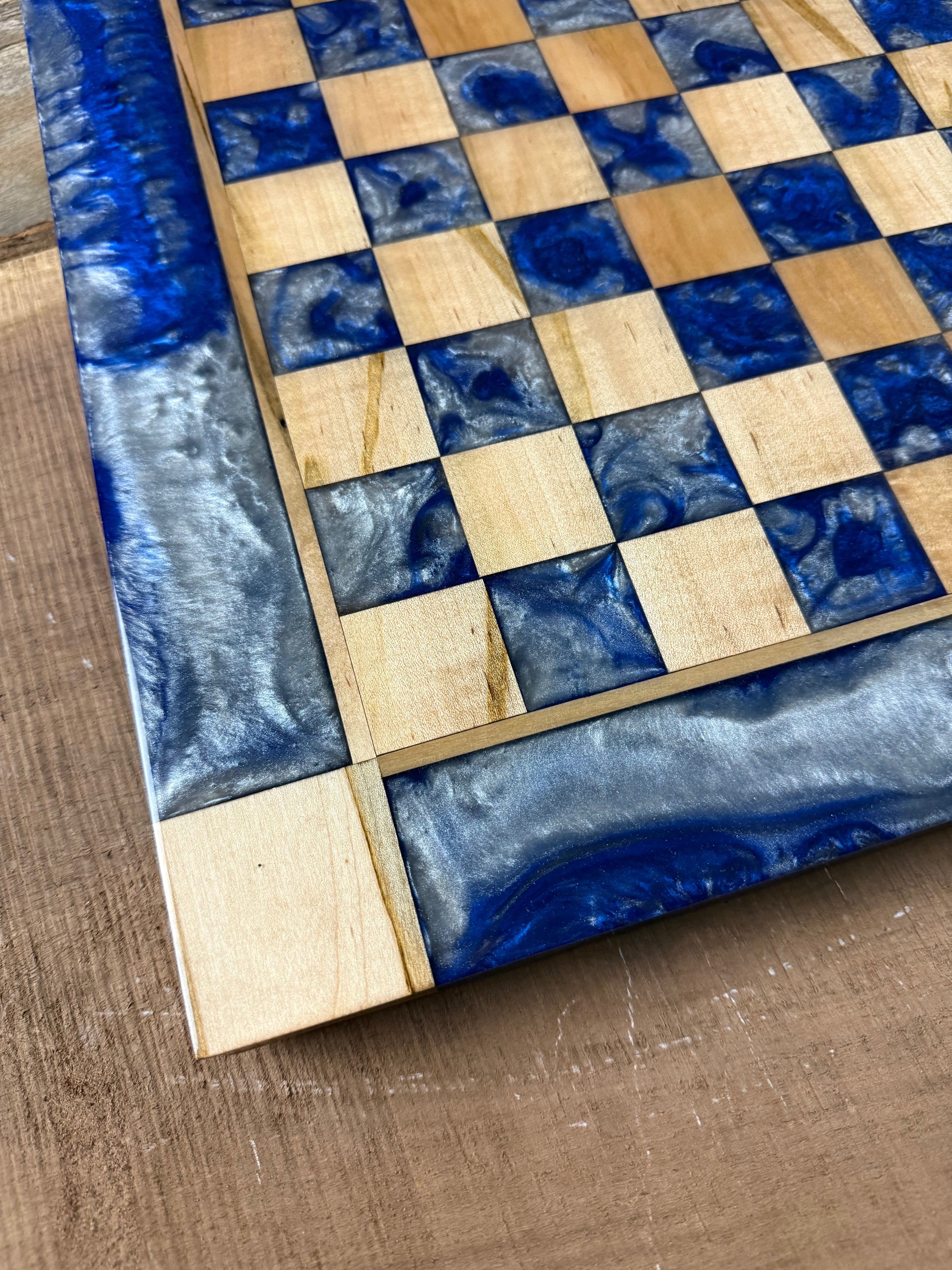 Deep Blue Silver Cloud Maple Wood Chess Board (Glass Chess Set Included)