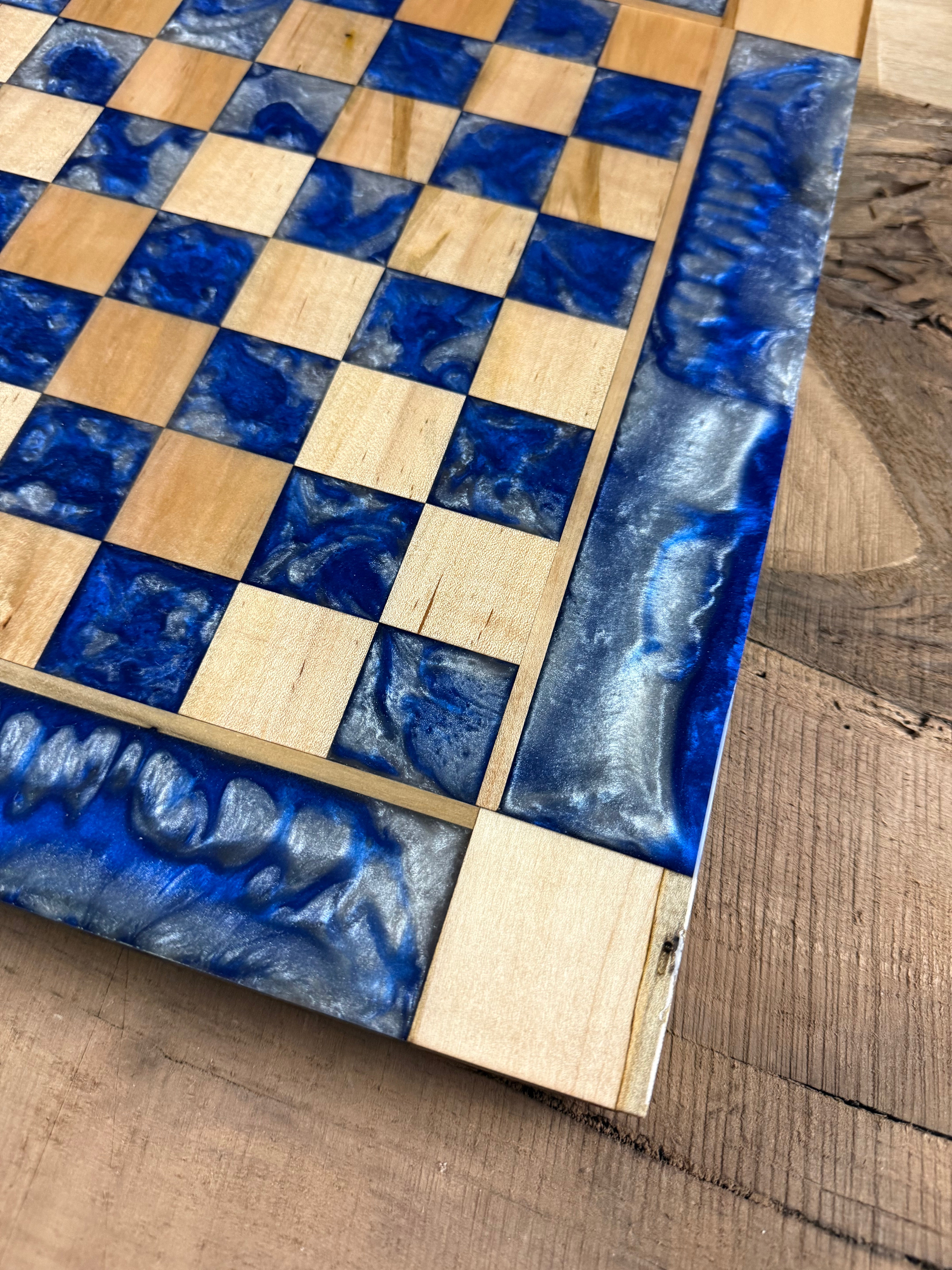 Deep Blue Silver Cloud Maple Wood Chess Board (Glass Chess Set Included)