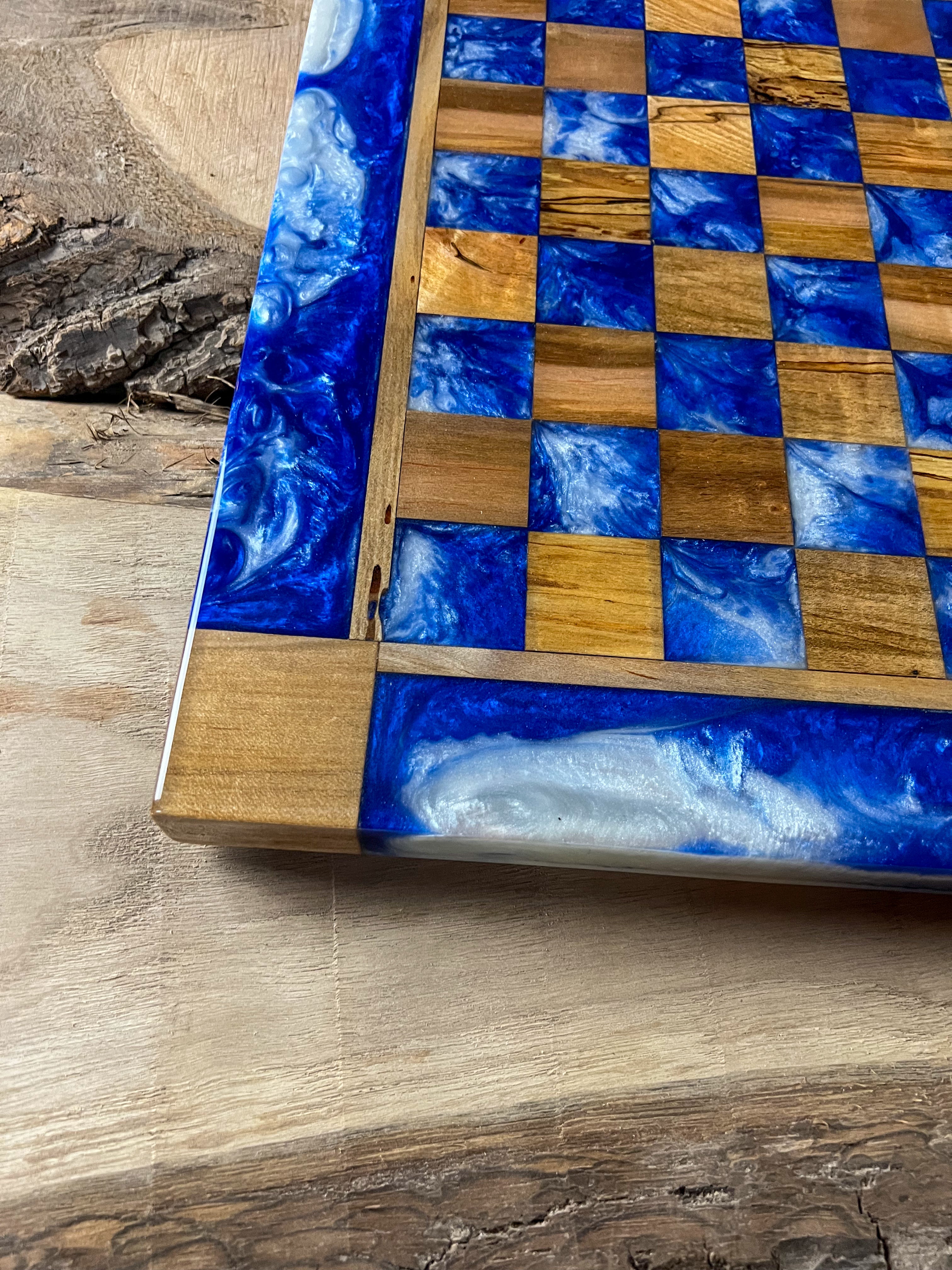Deep Blue Cloud Maple Wood Chess Board (With Border)