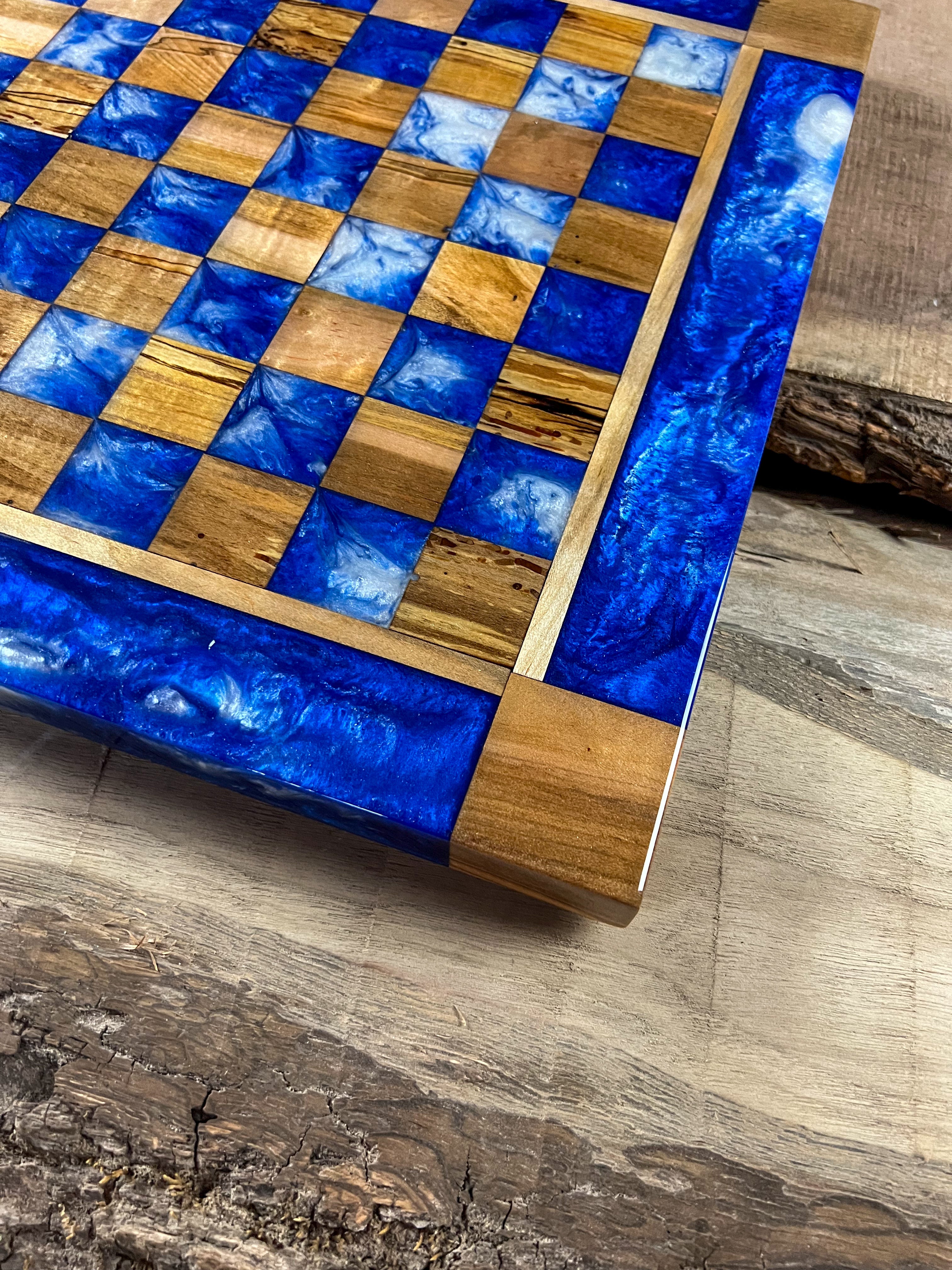 Deep Blue Cloud Maple Wood Chess Board (With Border)