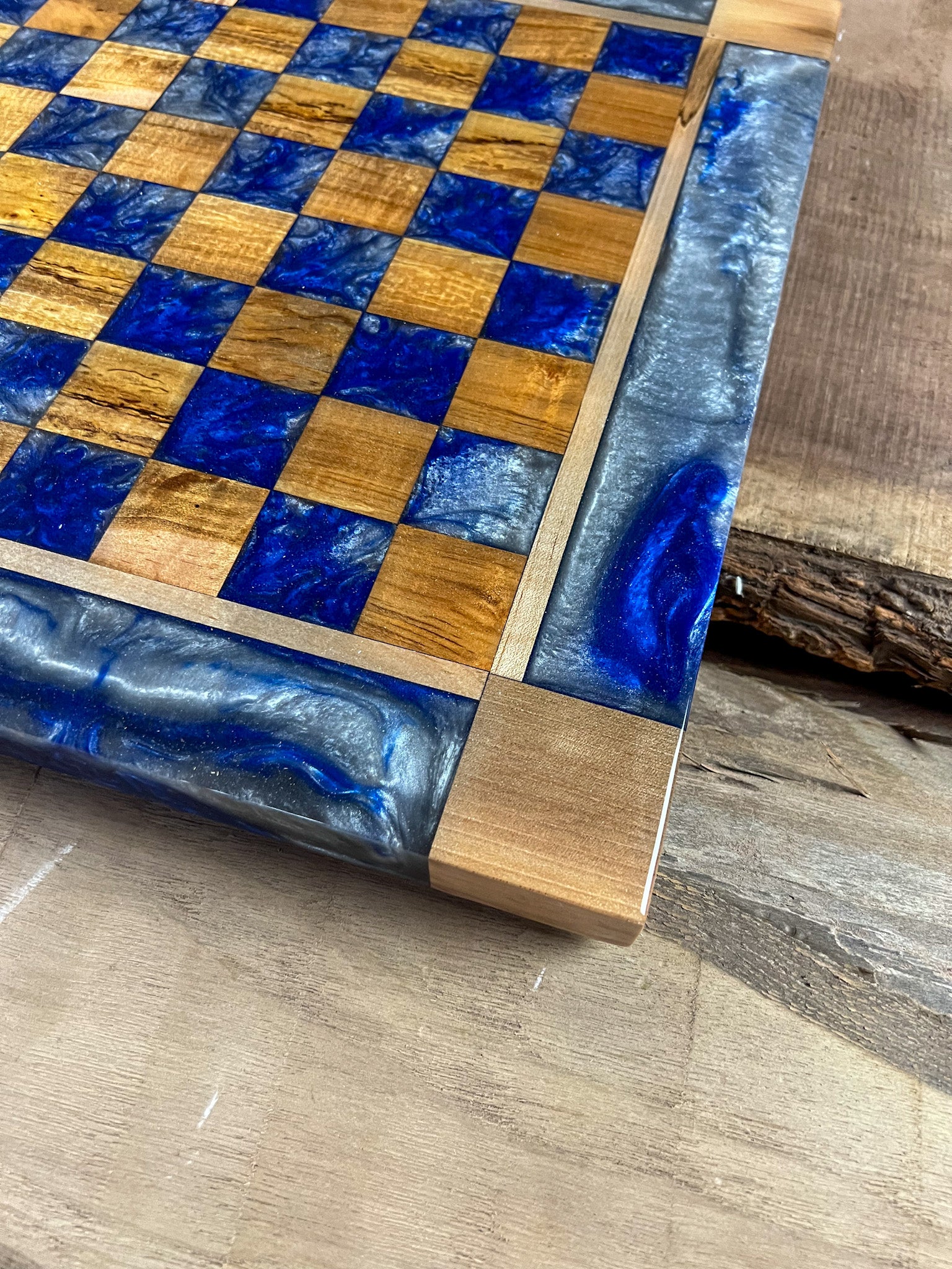 Deep Blue Silver Cloud Maple Wood Chess Board (With Border)