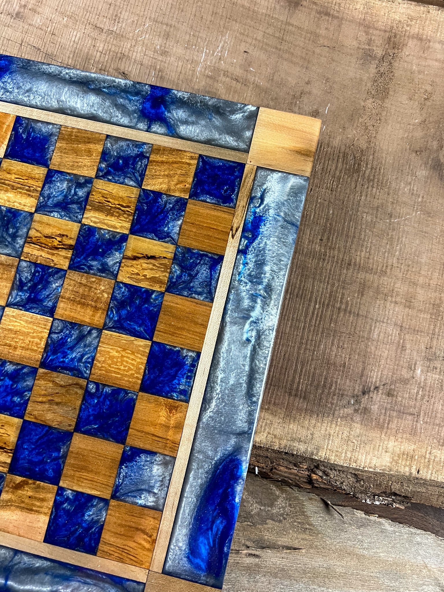 Deep Blue Silver Cloud Maple Wood Chess Board (With Border)