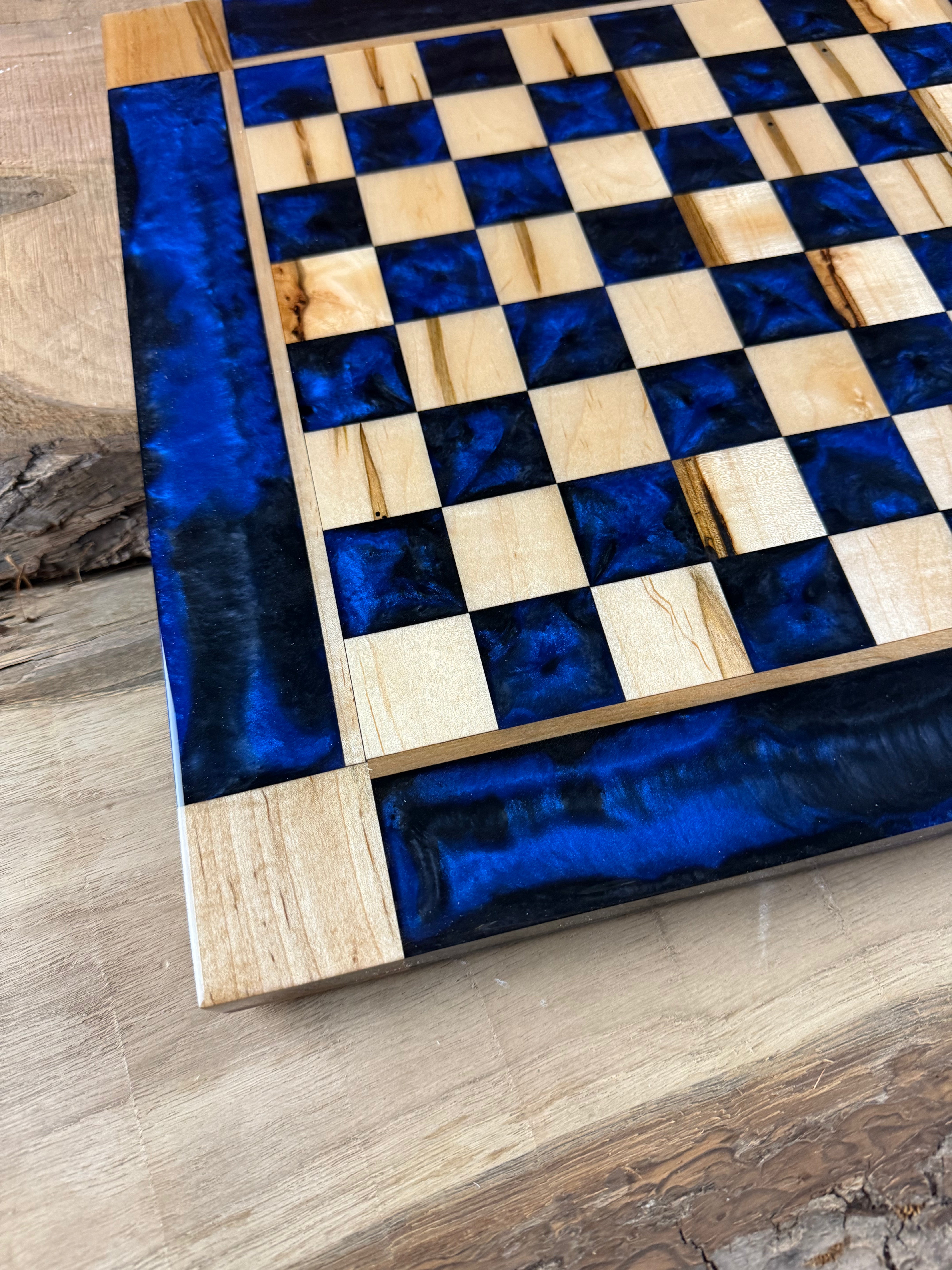 Black Onyx Deep Blue Maple Wood Chess Board (Glass Chess Set Included)