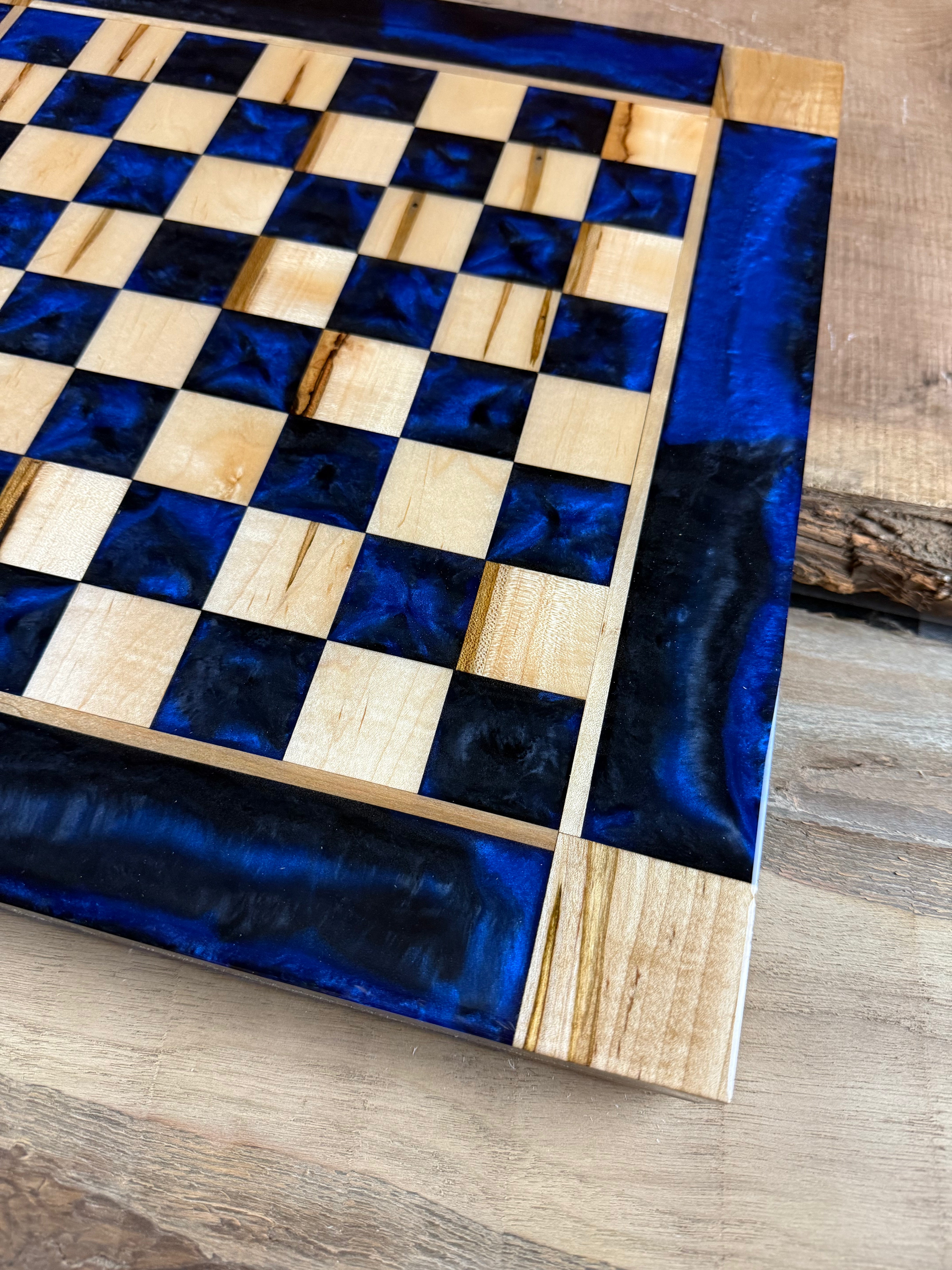 Black Onyx Deep Blue Maple Wood Chess Board (Glass Chess Set Included)