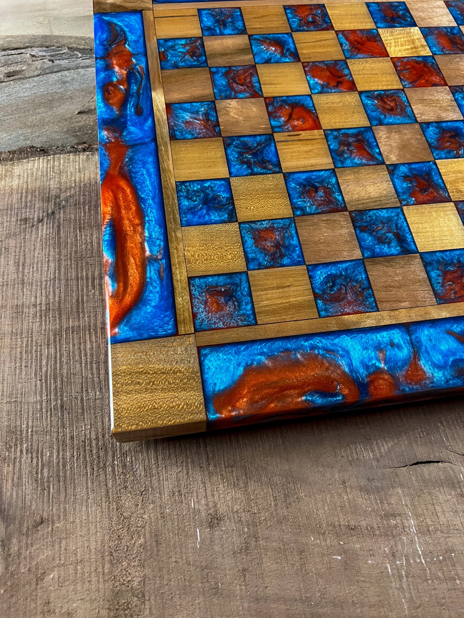 Caribbean Blue Vivid Orange Maple Wood Chess Board (With Border)