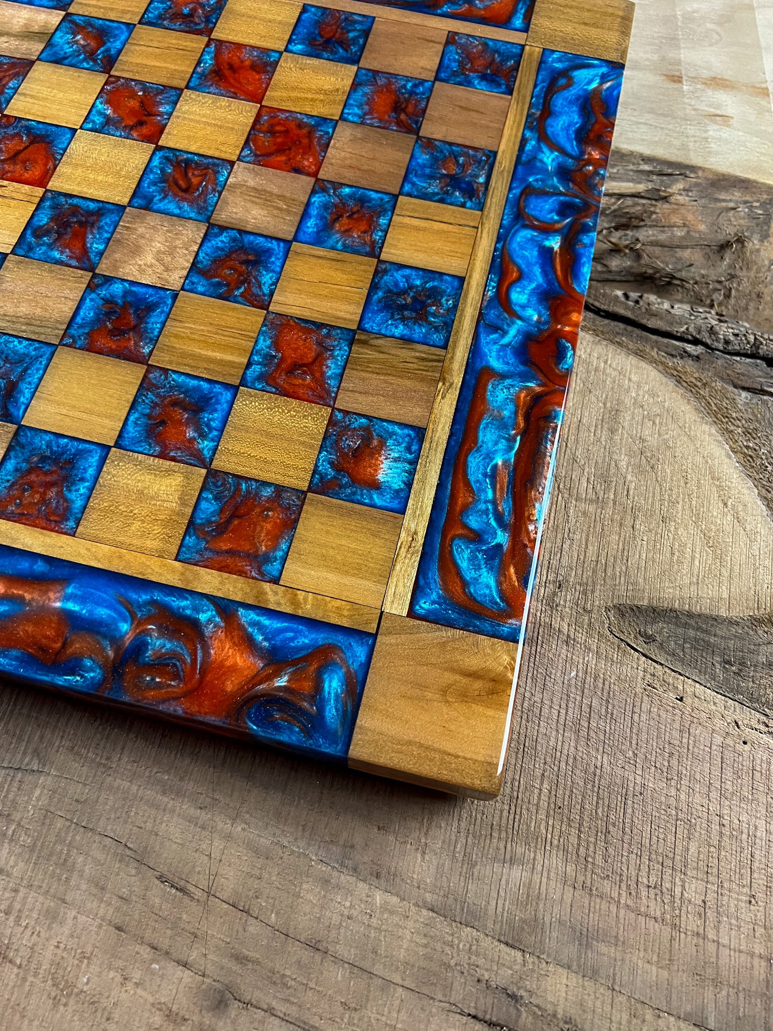 Caribbean Blue Vivid Orange Maple Wood Chess Board (With Border)
