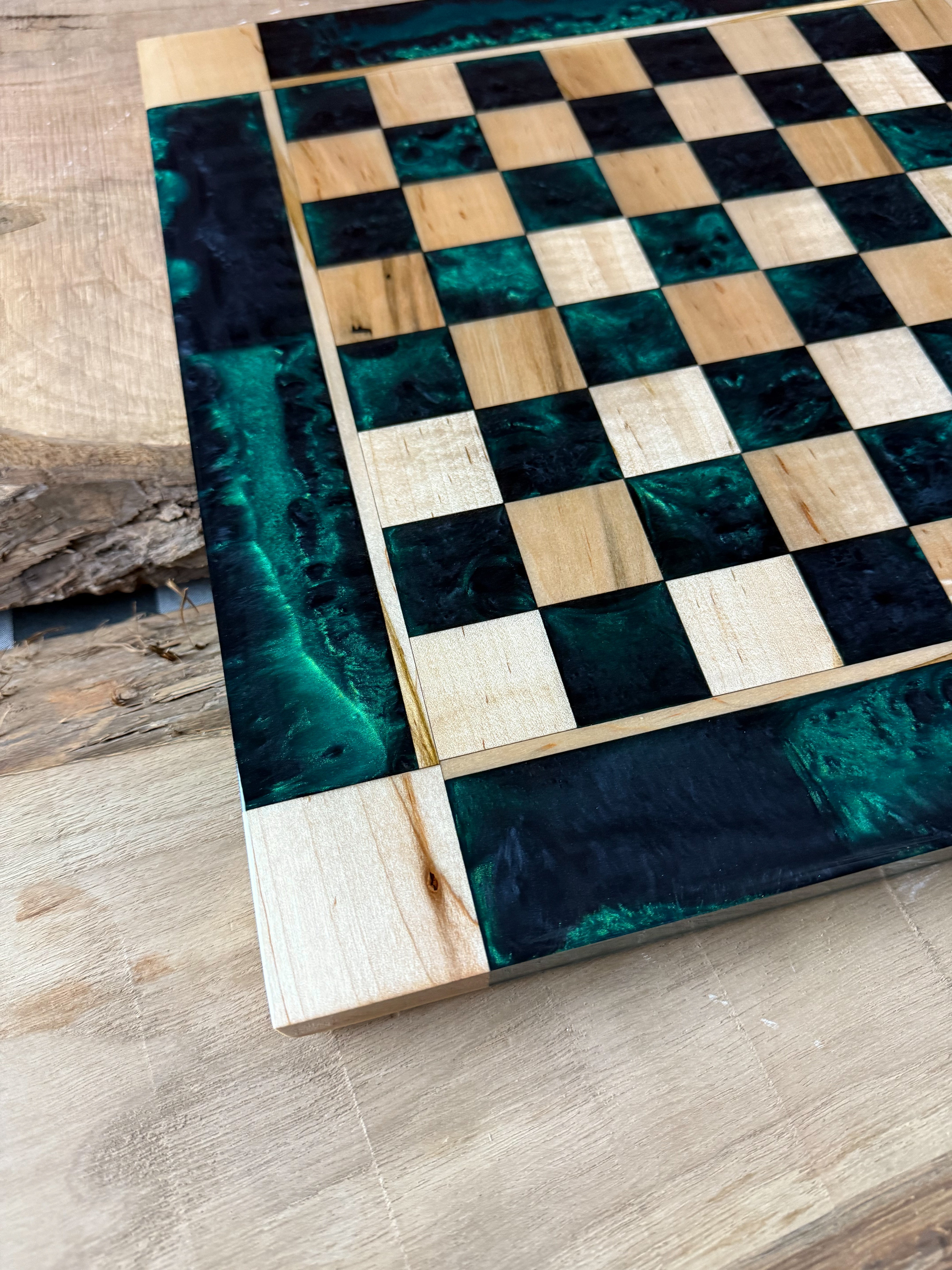 Emerald Black Onyx Maple Wood Chess Board (Glass Chess Set Included)